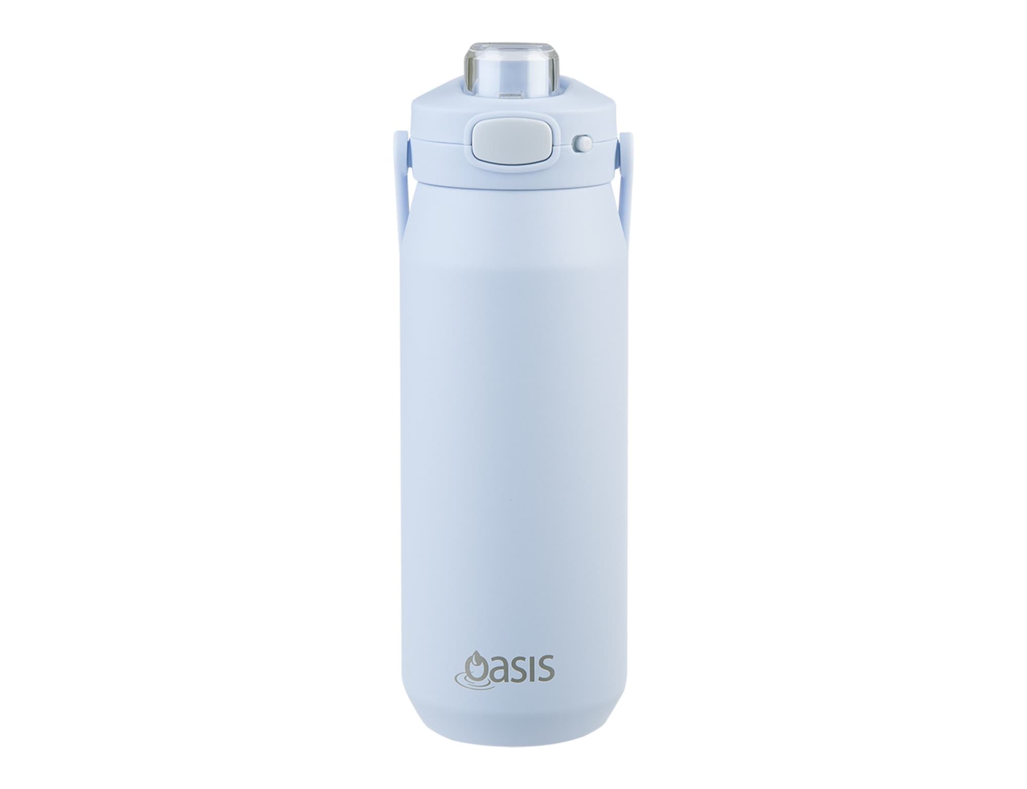 A drink bottle in light blue with a vacuum quick release lid and a carrying handle, featuring a logo.