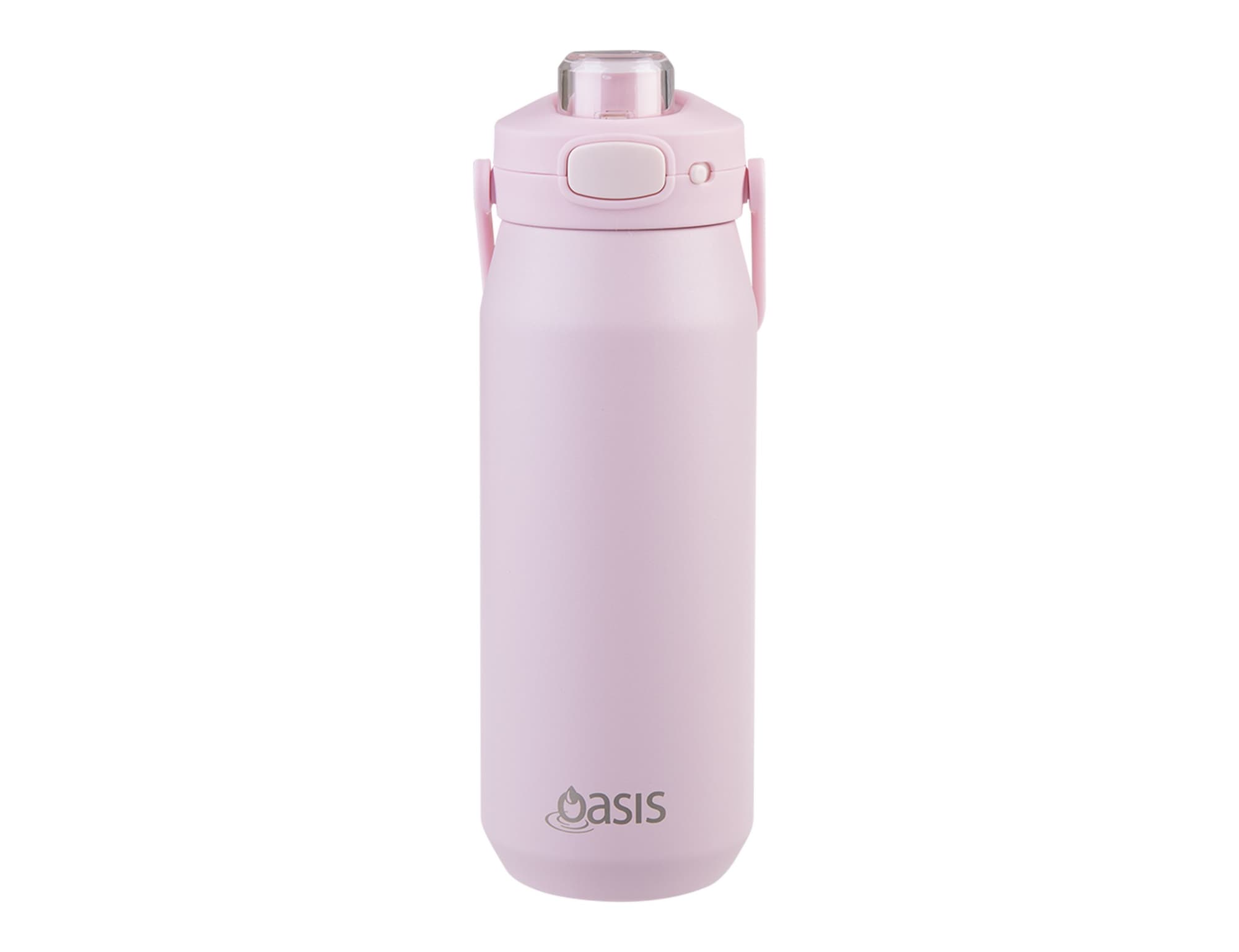 A drink bottle featuring a pink exterior, a quick release lid, and a logo on the front.
