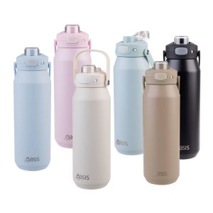 A drink bottle collection featuring six vacuum bottles in pastel pink, light blue, cream, grey, black, and beige, all with a logo.