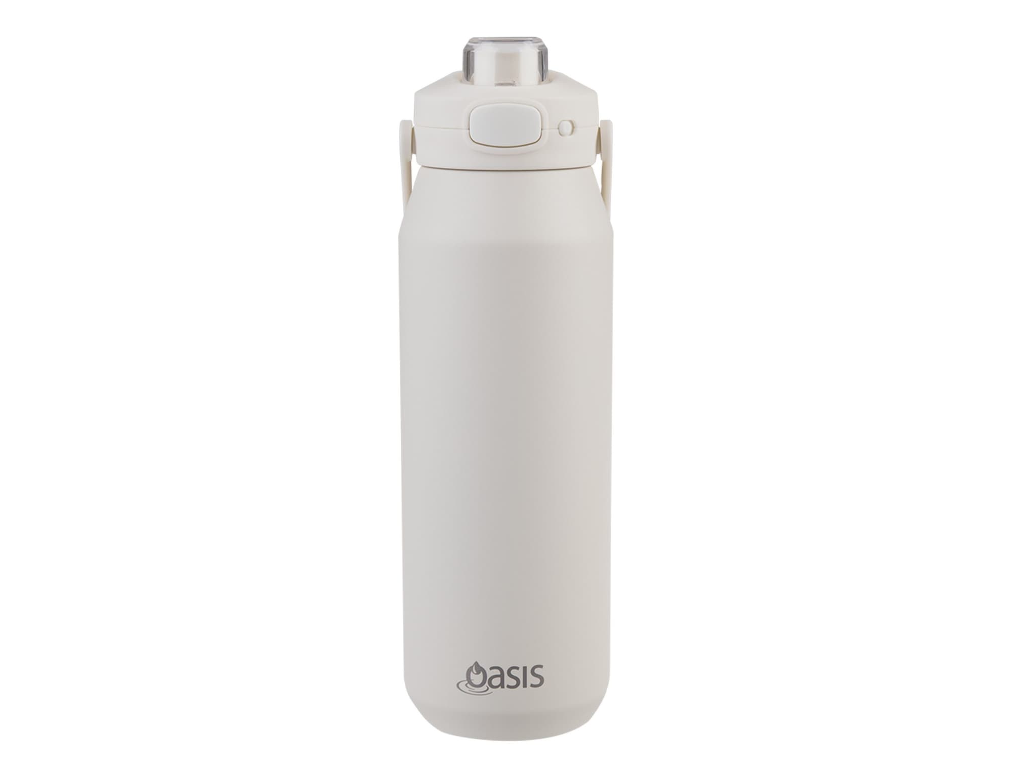 A drink bottle in white with a quick release lid and a logo at the bottom.