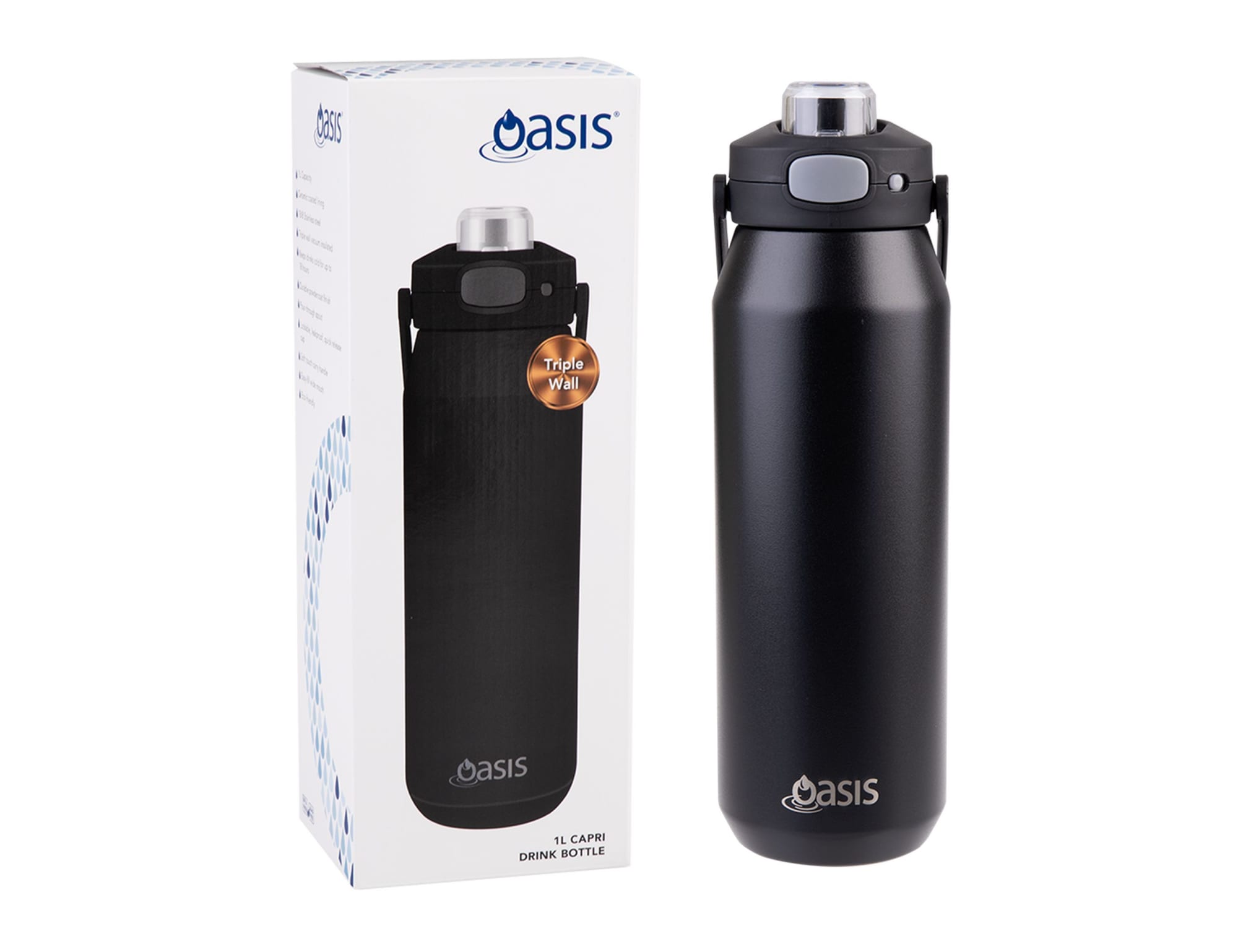 A drink bottle with a black finish and a quick release lid, presented alongside its packaging. It features a logo.