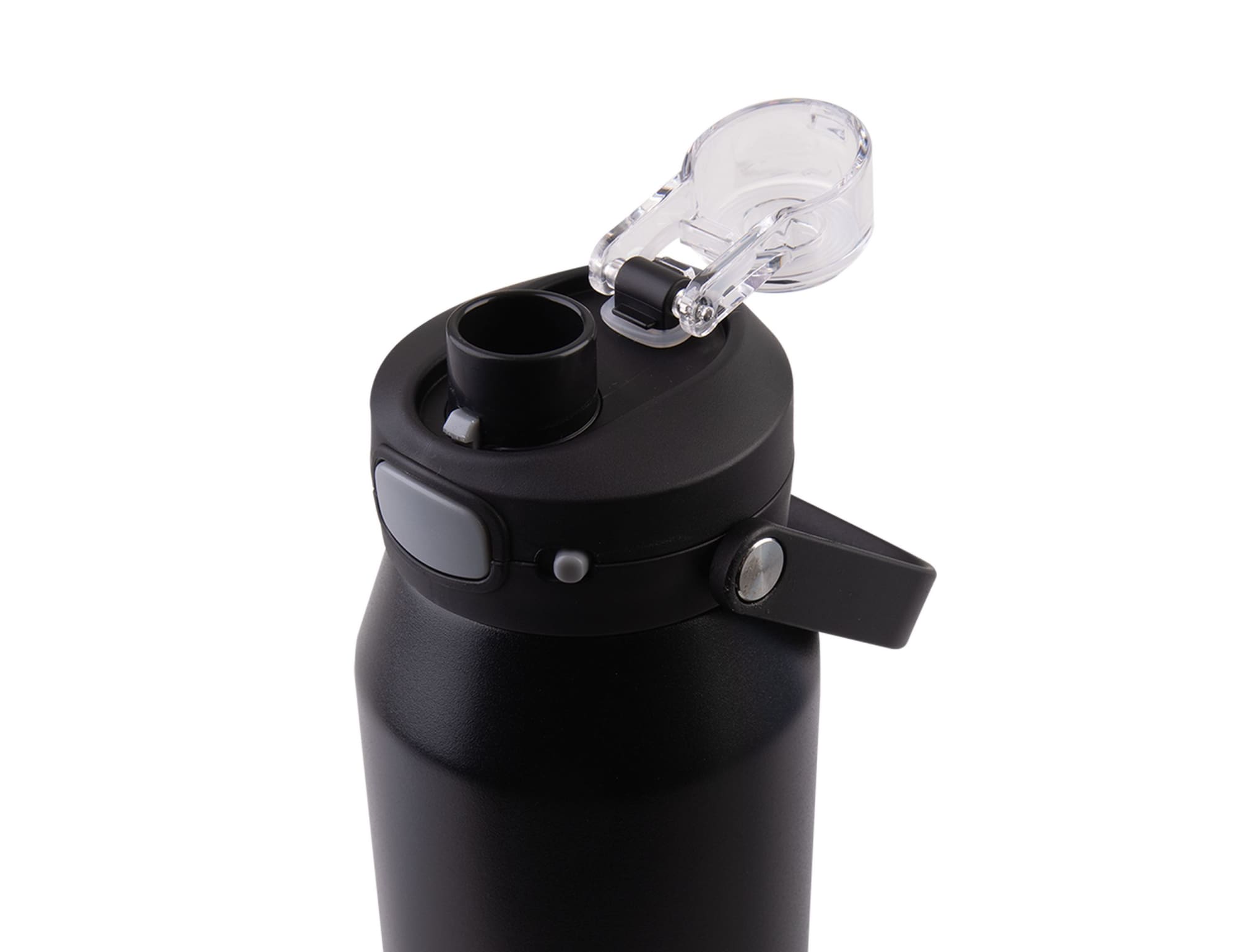 A drink bottle featuring a black, matte finish with a quick release lid and an attached spout for easy pouring.