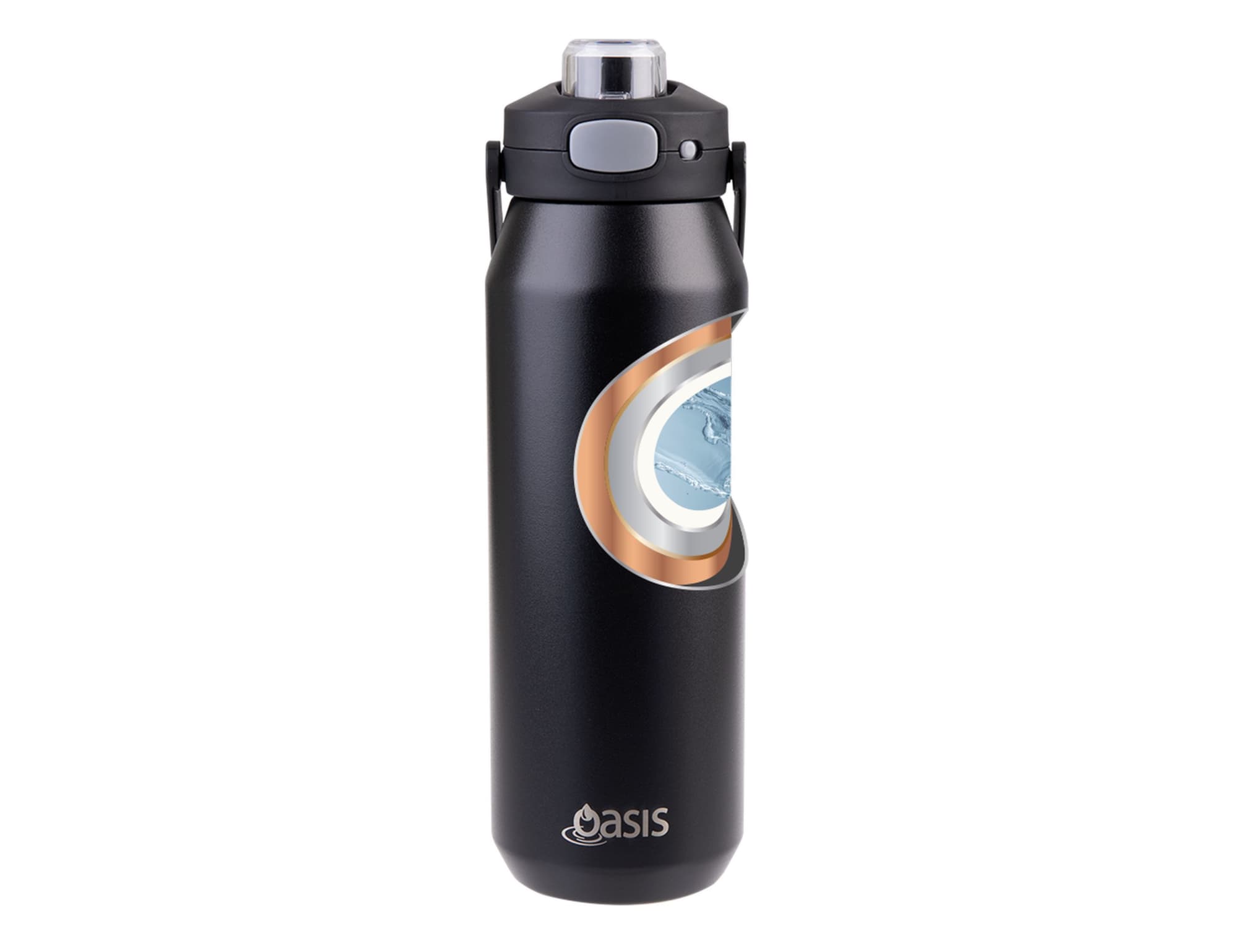 A drink bottle in black with a vacuum quick release lid, featuring a design and an Oasis logo.