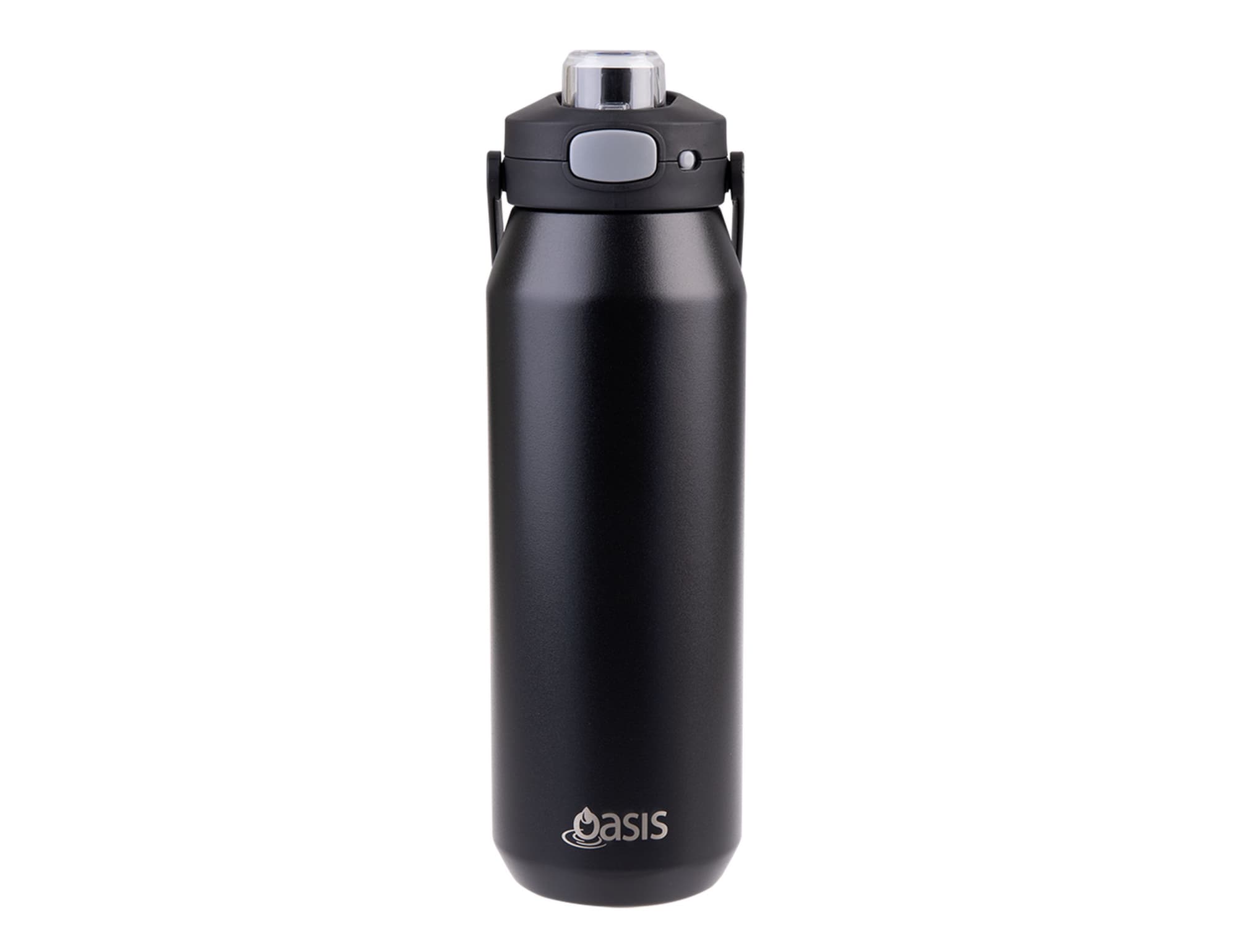 A drink bottle with a black matte finish, featuring a vacuum quick release lid and a handle, with a logo.