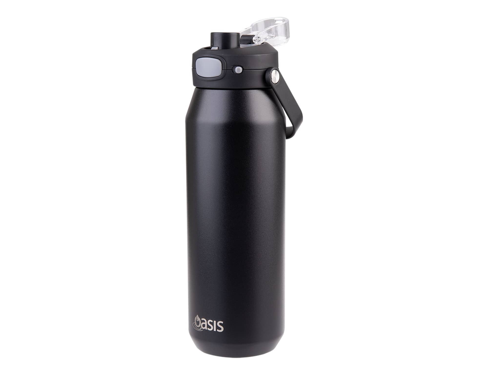 A drink bottle in matte black with a vacuum quick release lid and a carry handle, featuring a logo.