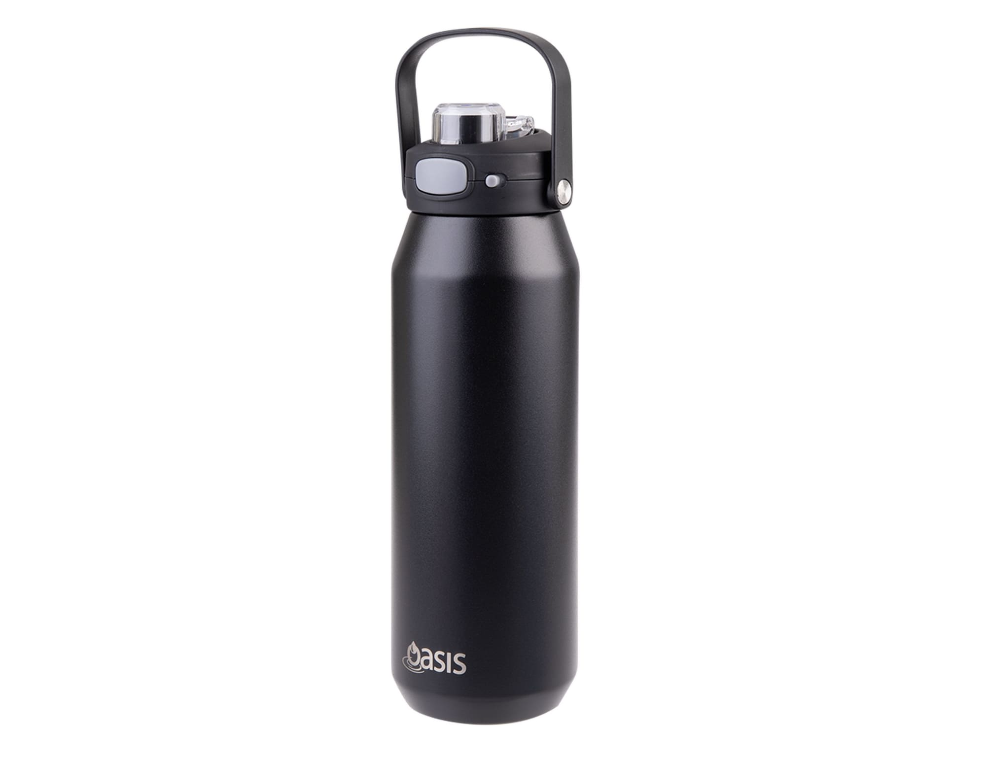 A drink bottle in matte black featuring a vacuum quick release lid and a sturdy handle. It includes a logo.