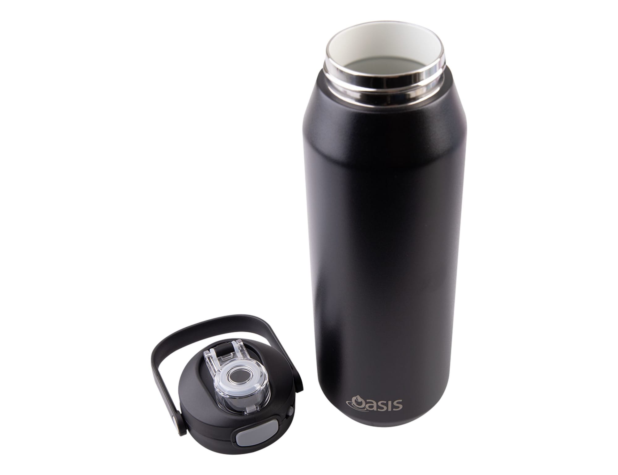 A drink bottle with a sleek black exterior and a quick release lid, featuring a separate lid component.