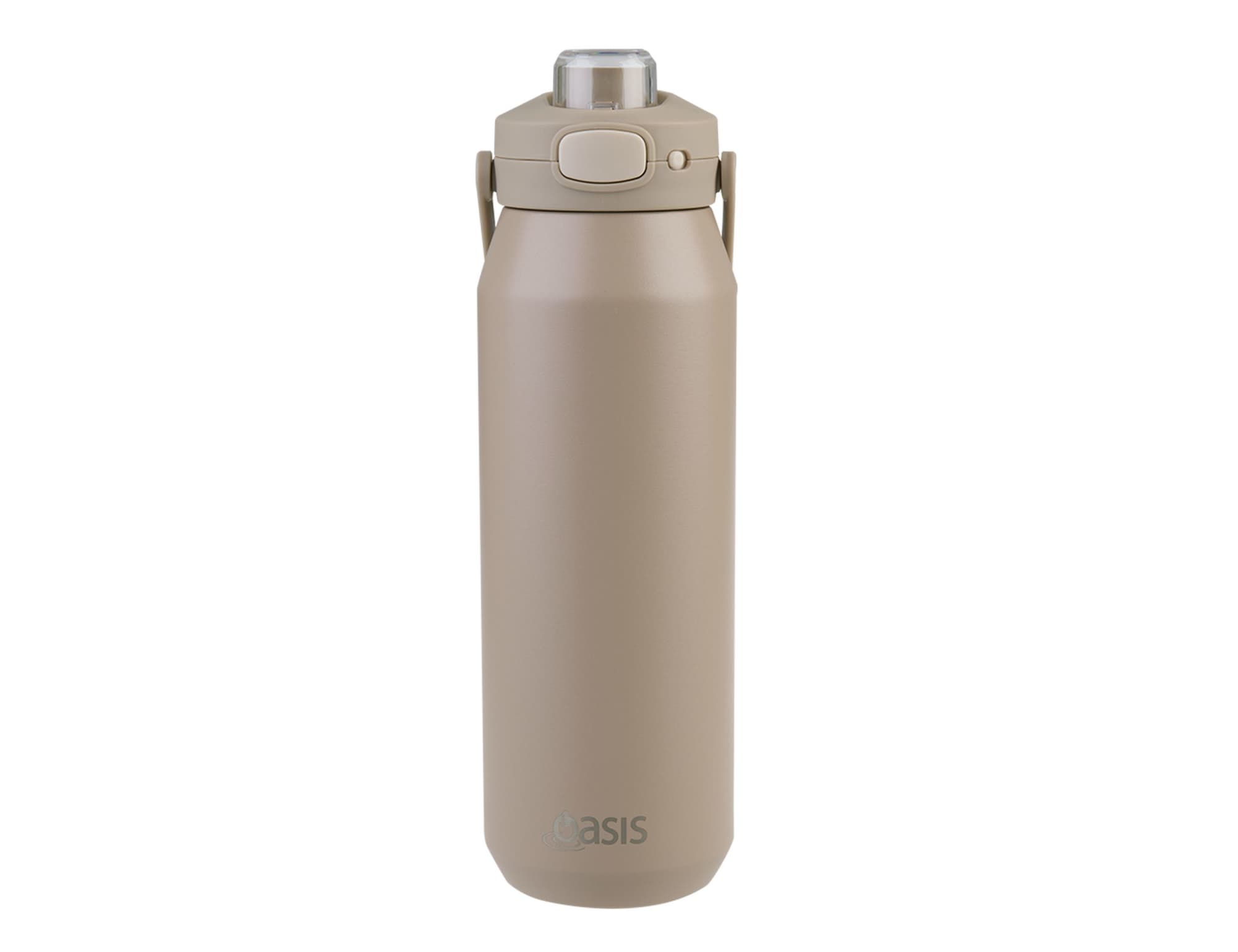 A drink bottle in a soft beige hue featuring a vacuum quick release lid and a sturdy carrying handle.