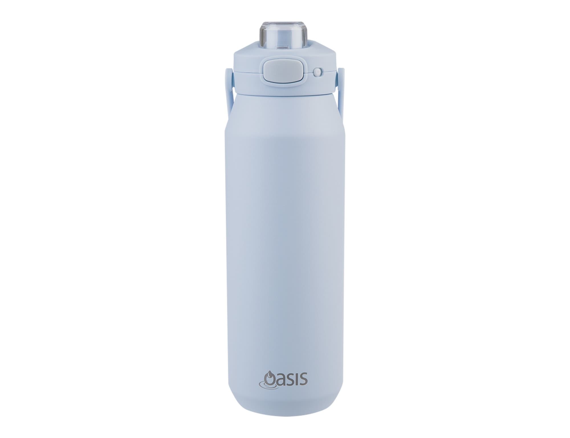 A drink bottle in pale blue with a vacuum quick release lid and a handle. Features an oval logo on the front.