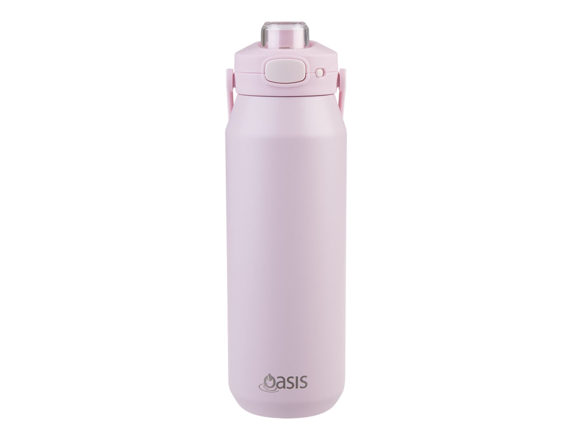 A drink bottle in pastel pink, featuring a quick release lid and a logo on the front.