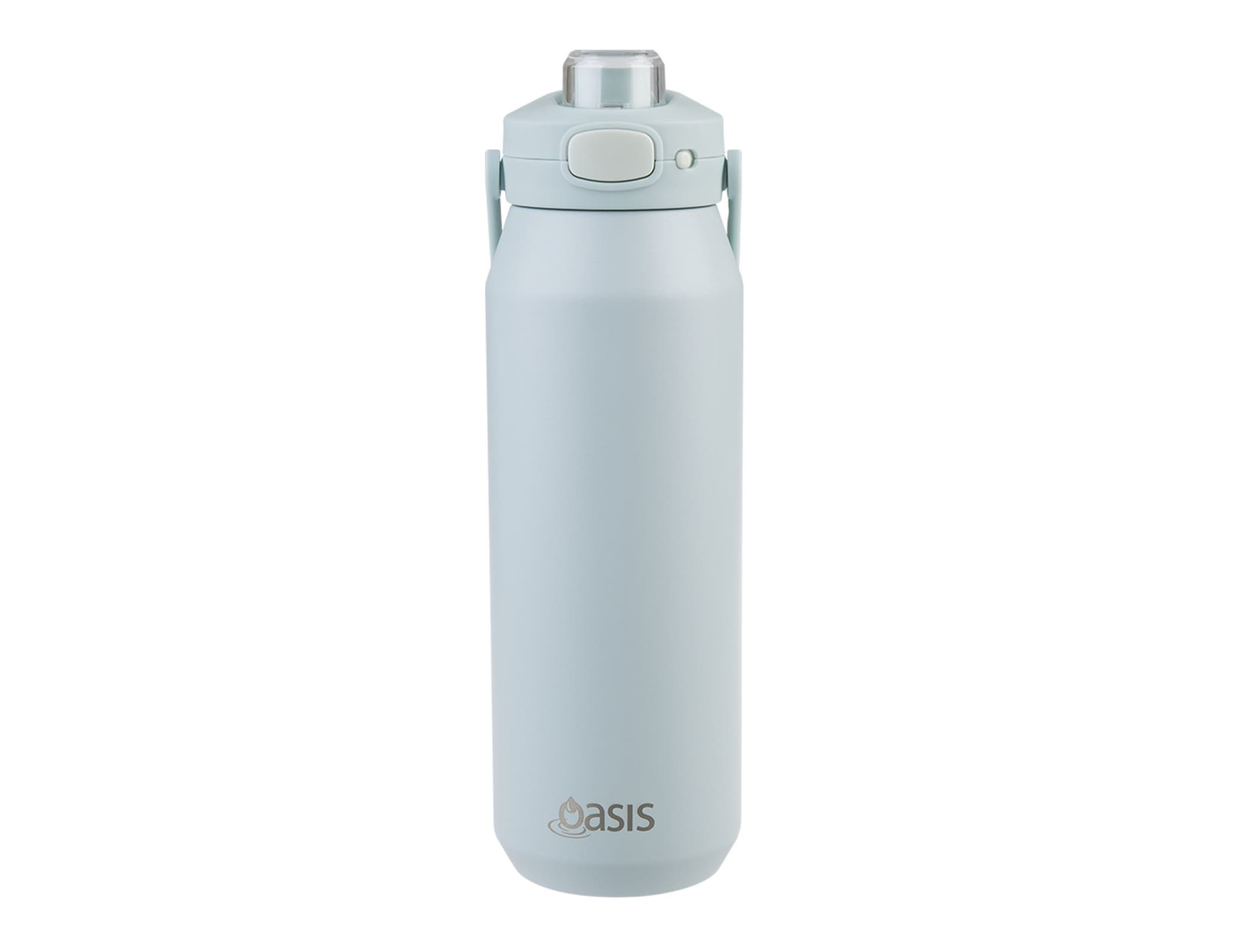 A drink bottle in a light blue hue with a quick release lid and a handle. It features a logo on the front.