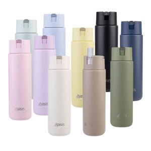 A drink bottle collection featuring various colours, including pink, purple, yellow, black, beige, and green. Each has a logo.