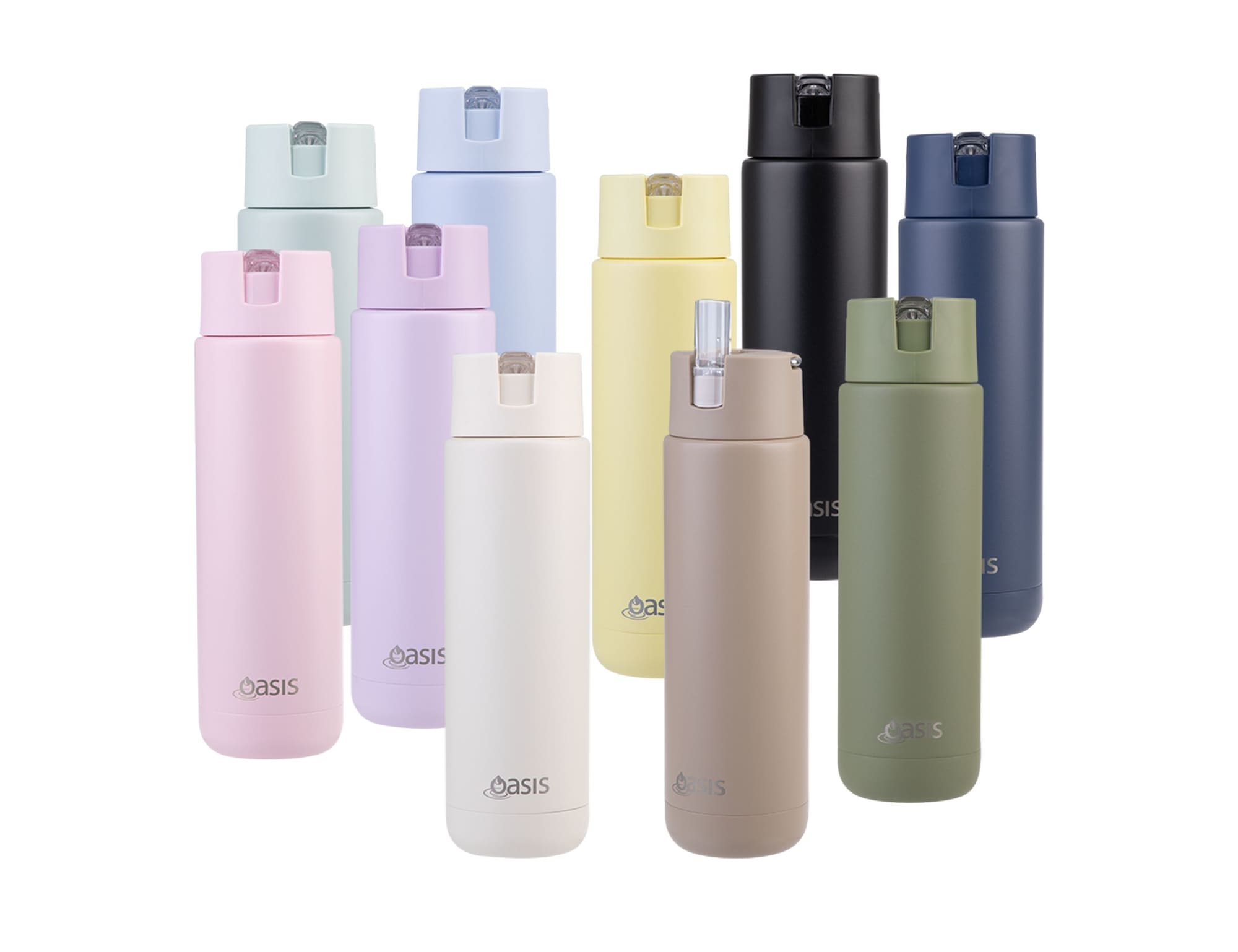 A drink bottle collection featuring various colours, including pink, purple, yellow, black, beige, and green. Each has a logo.
