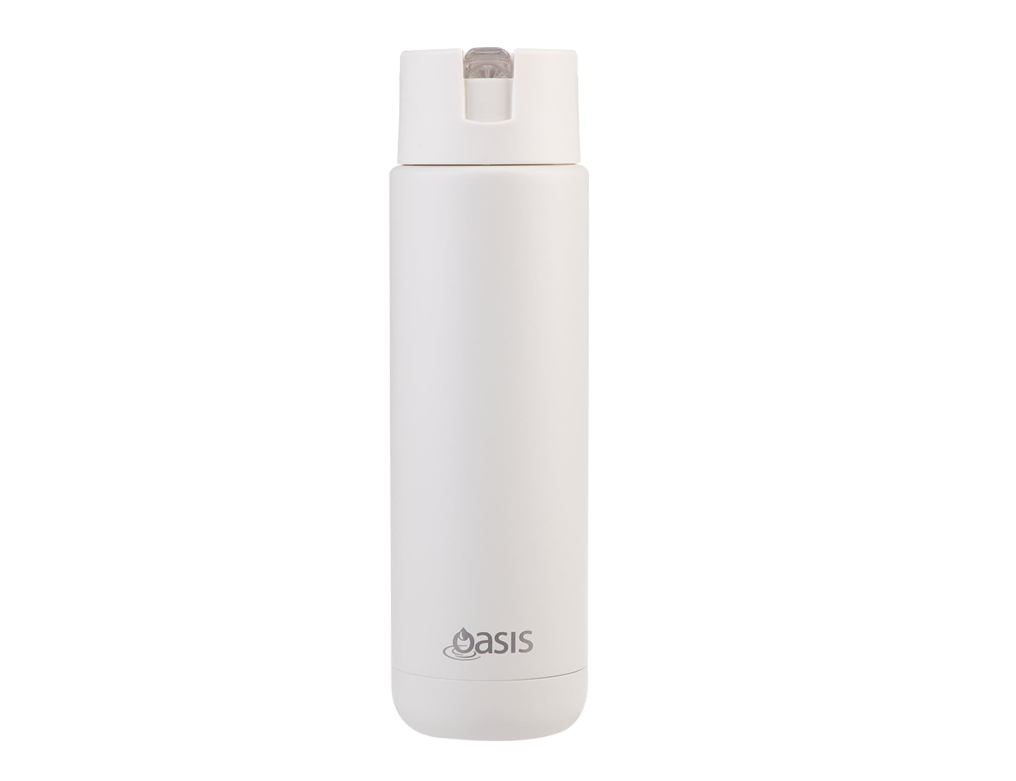 A drink bottle in white, featuring a sleek, modern design and a logo on the front.