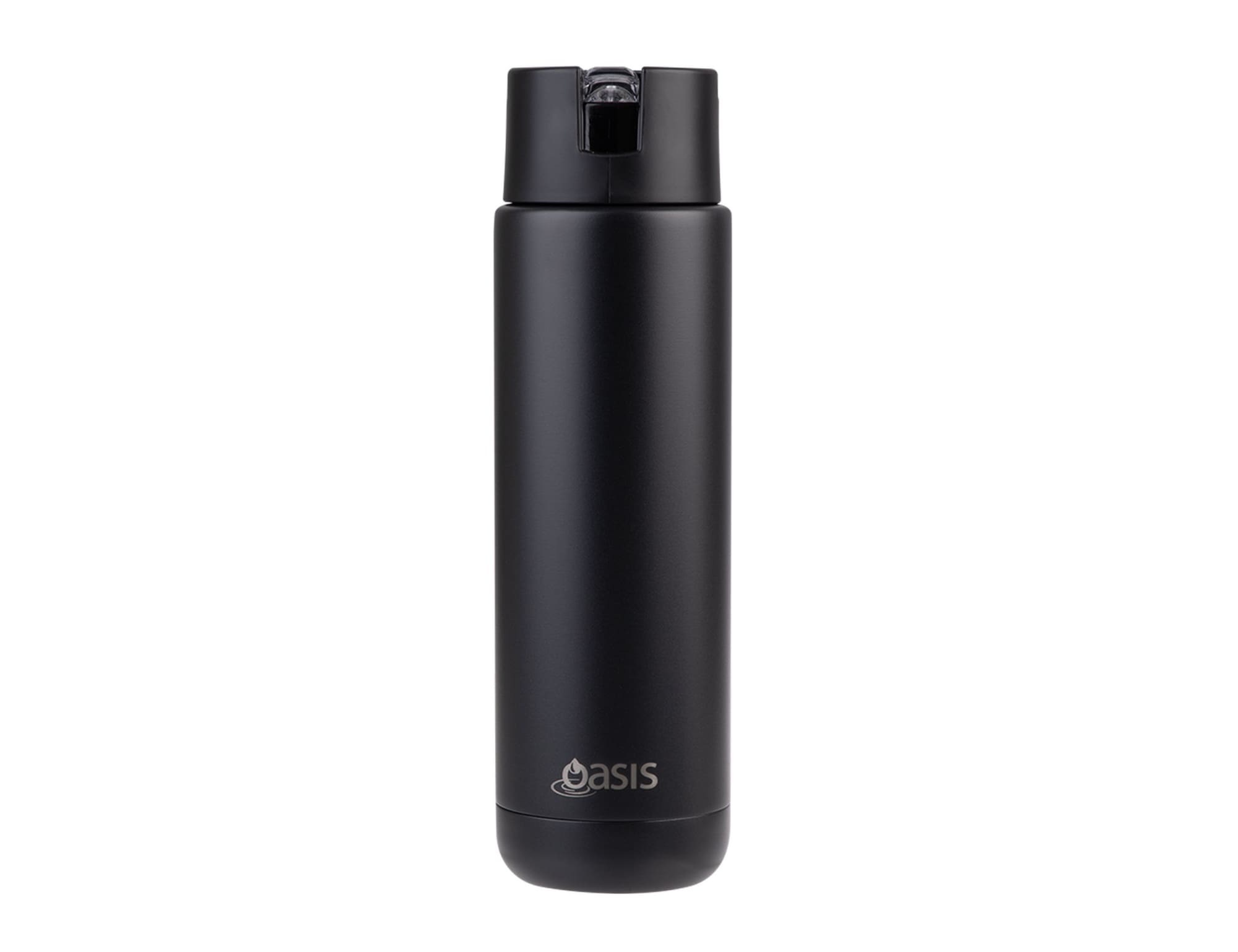 A drink bottle in matte black, featuring a lid and a logo, designed for vacuum insulation.