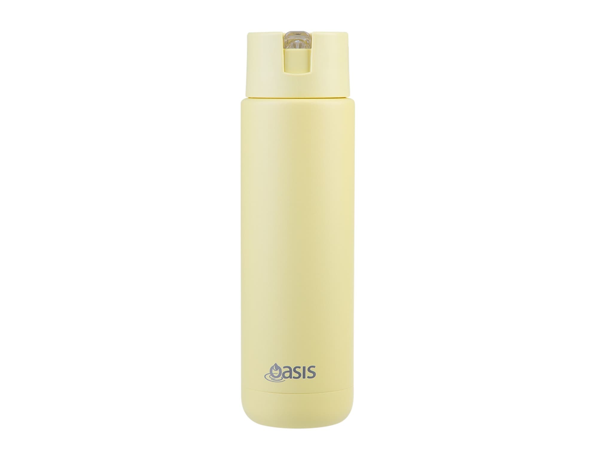A drink bottle in a soft yellow colour with a flip-top lid and a logo on the front.