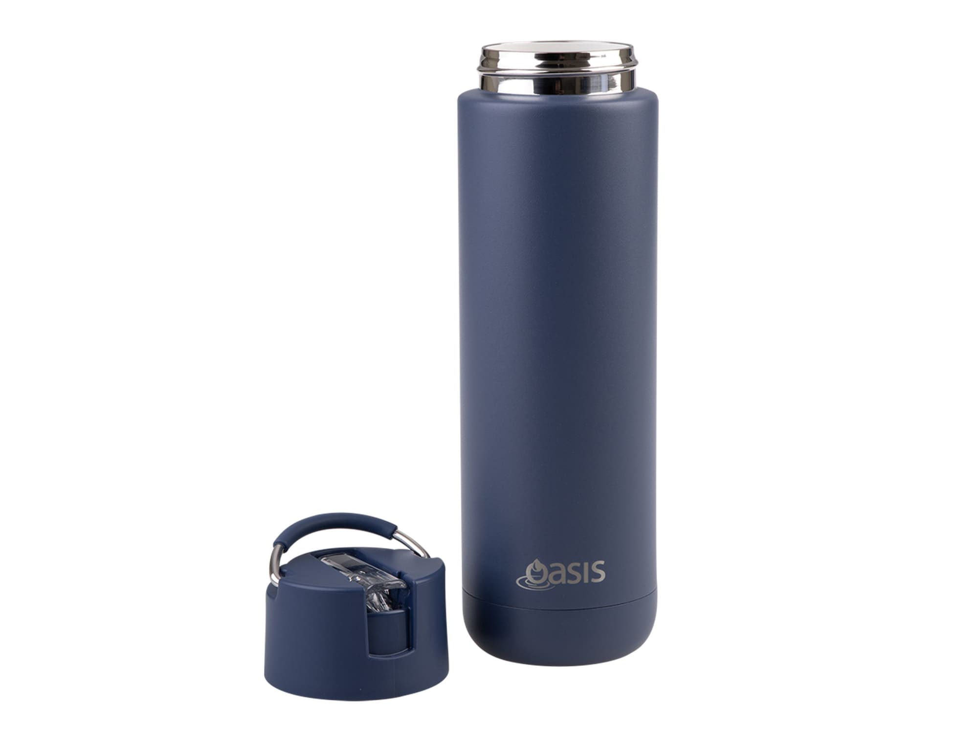 A drink bottle in navy blue with a stainless steel lid and a handle, featuring a logo.