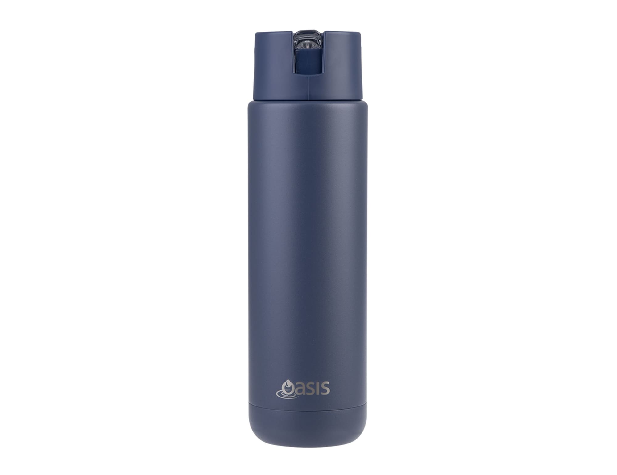 A drink bottle in navy blue with a sleek design and a lid, featuring a logo on the front.