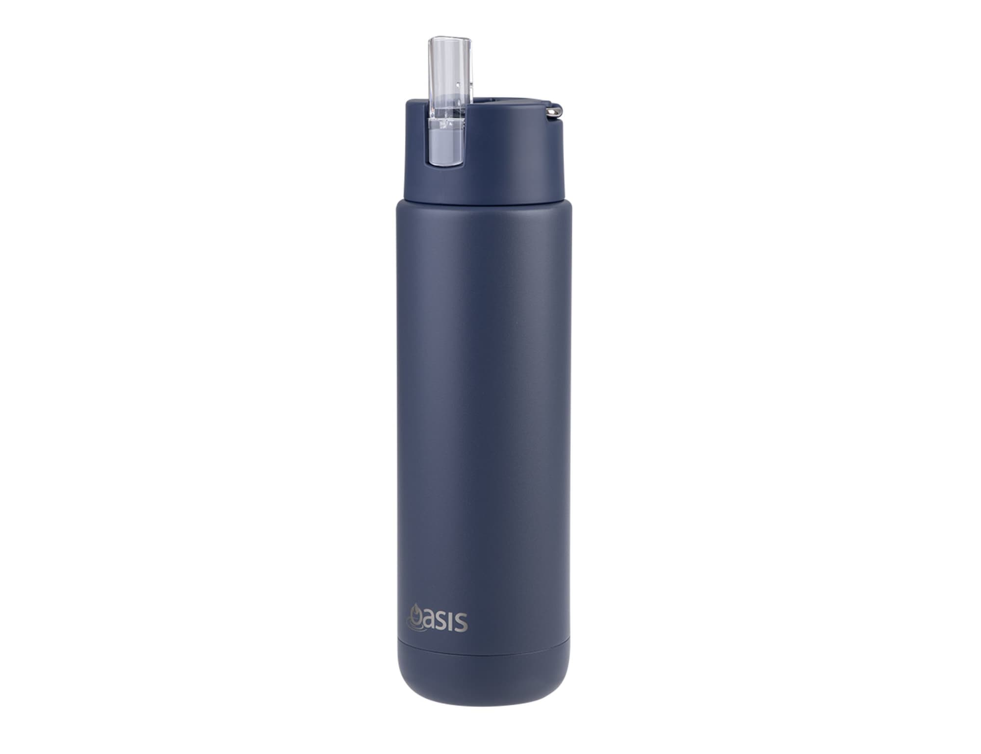 A drink bottle in navy blue, featuring a lid with a spout. It has branding on the side.