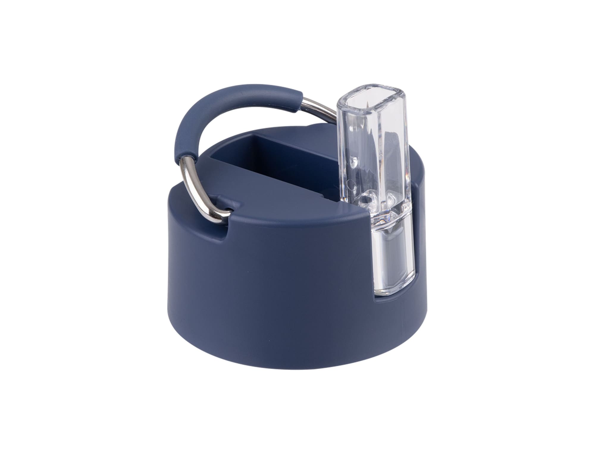 A drink bottle lid in navy blue with a clear spout and metal handle, featuring a sleek design.