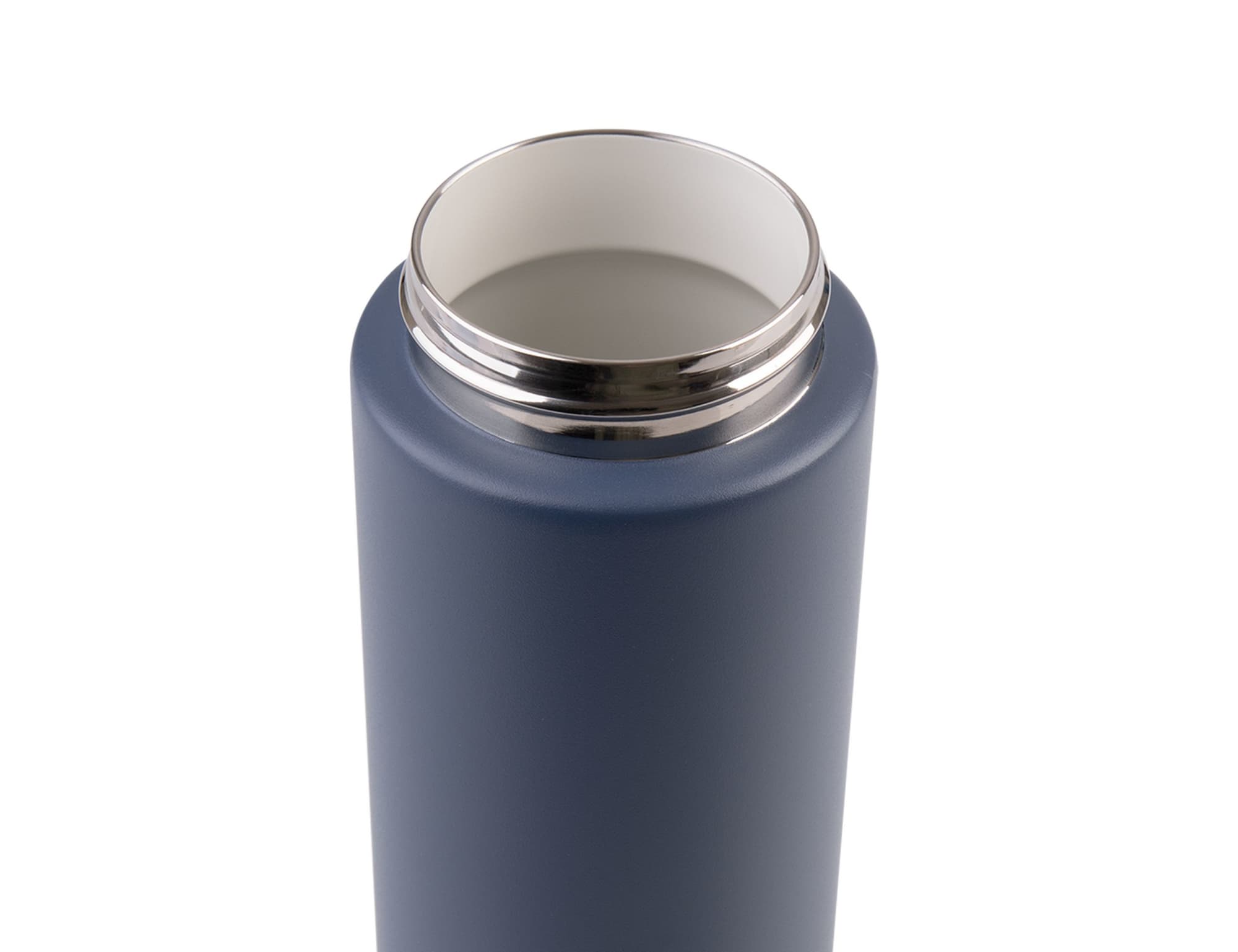 A drink bottle with a sleek navy exterior and a silver-coloured rim at the opening, featuring a logo.