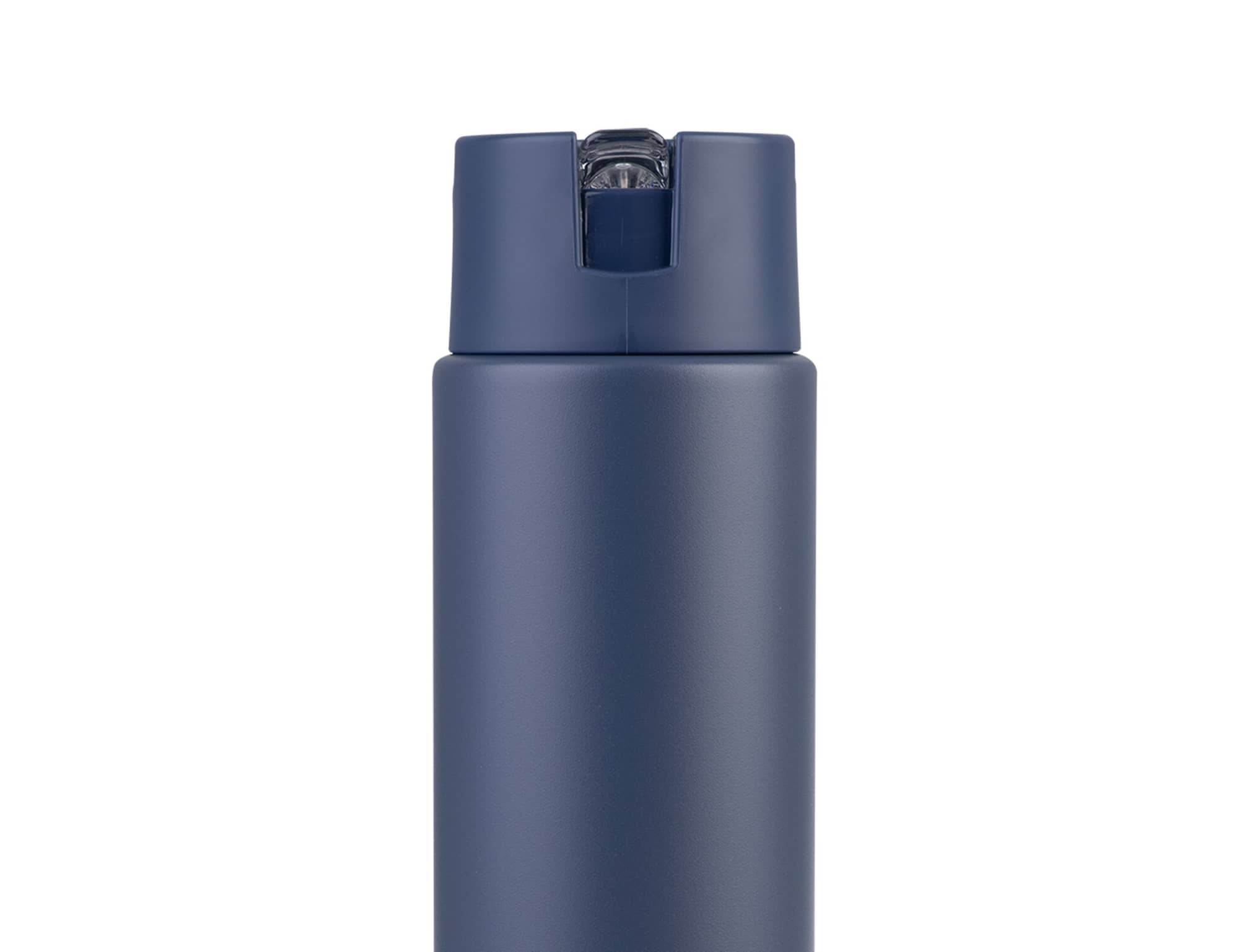 A drink bottle in a navy blue colour, featuring a sleek design and a functional lid. It has a logo on the side.