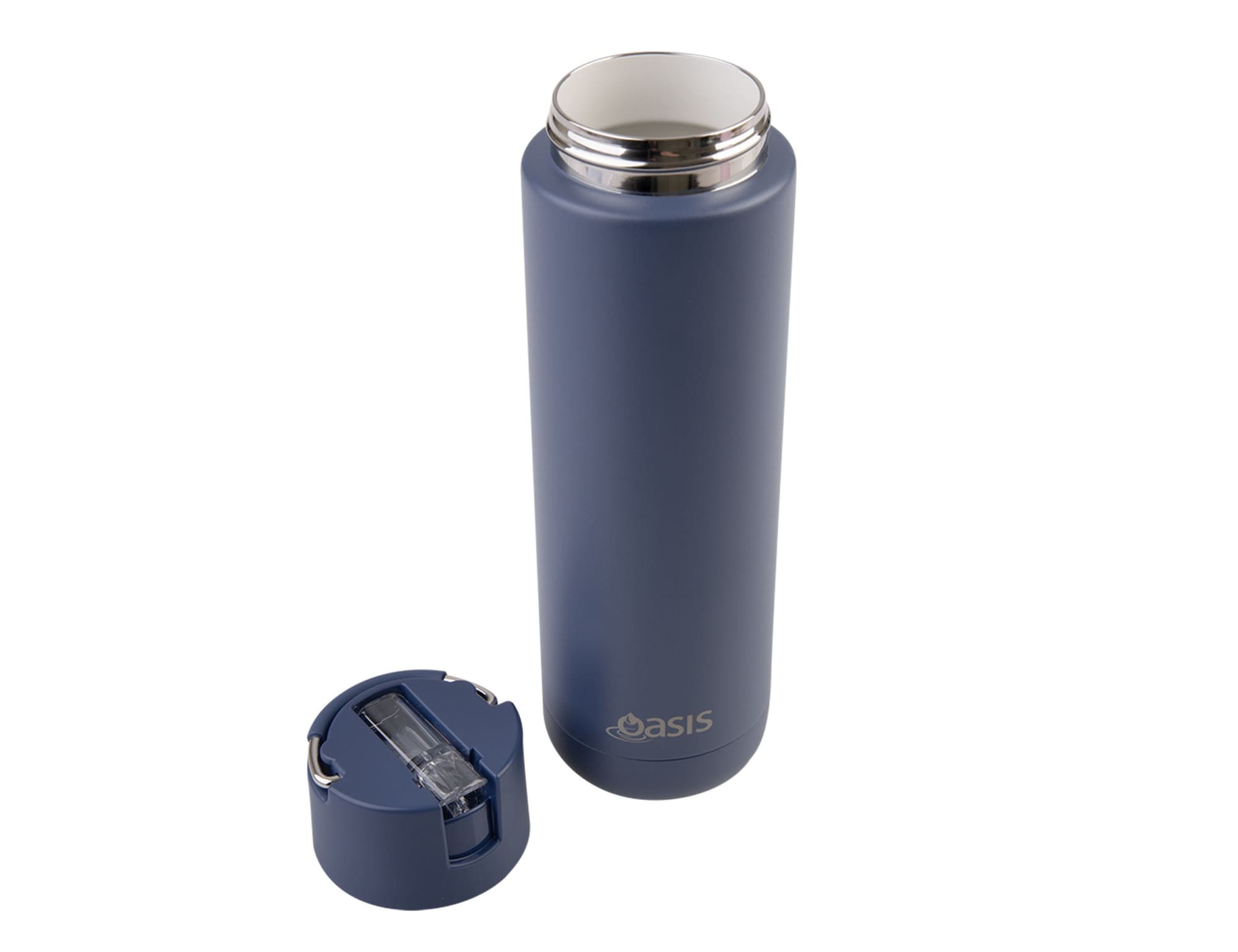 A drink bottle in navy blue with a stainless steel interior and a separate lid. It features a logo.