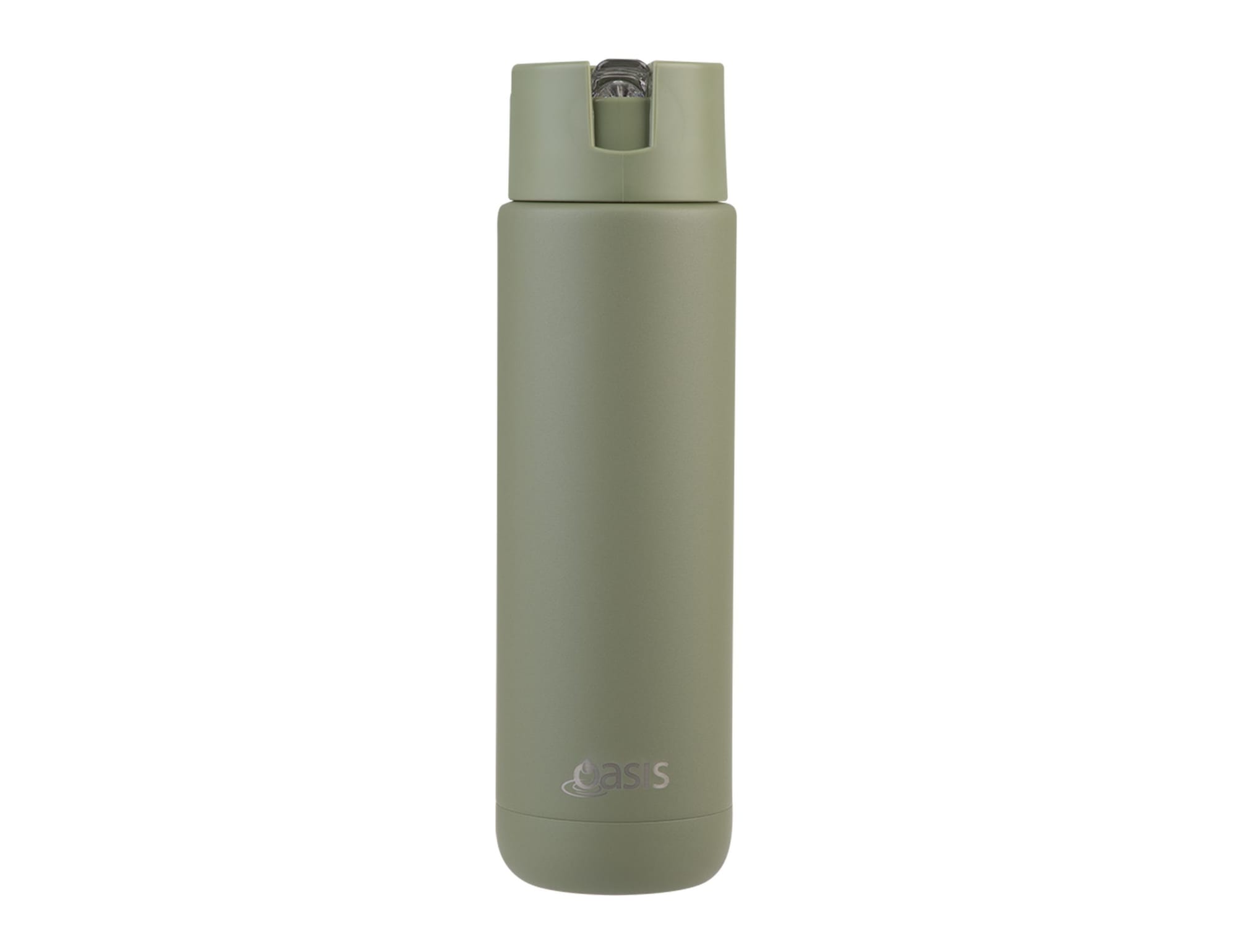 A drink bottle in muted green with a sleek design and a logo near the base. It features a secure opening mechanism.