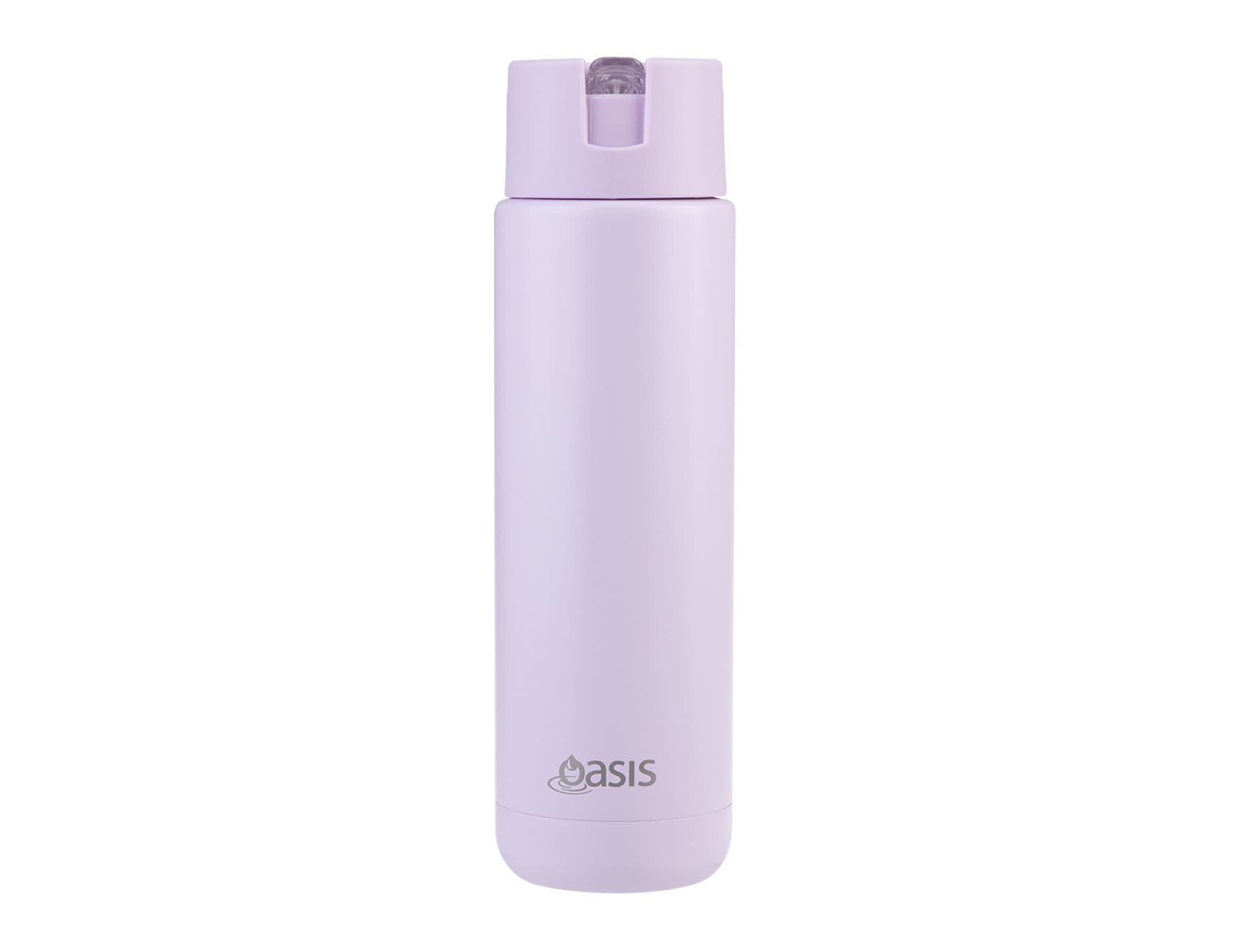 A drink bottle in pale lilac with a sleek design, featuring a logo and a flip-top lid.