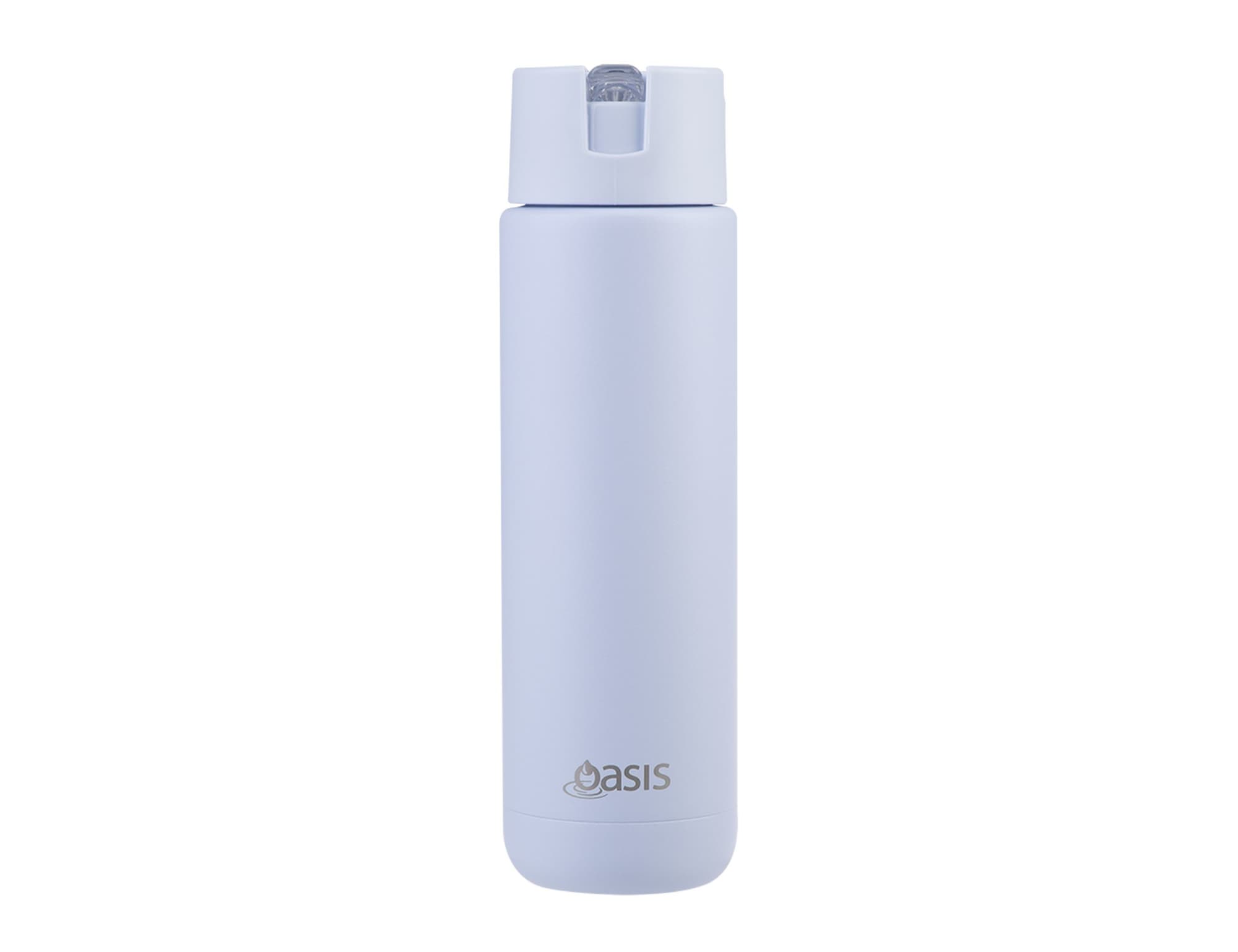 A drink bottle in light blue with a sleek design and a logo. It features a screw-on lid for easy access.