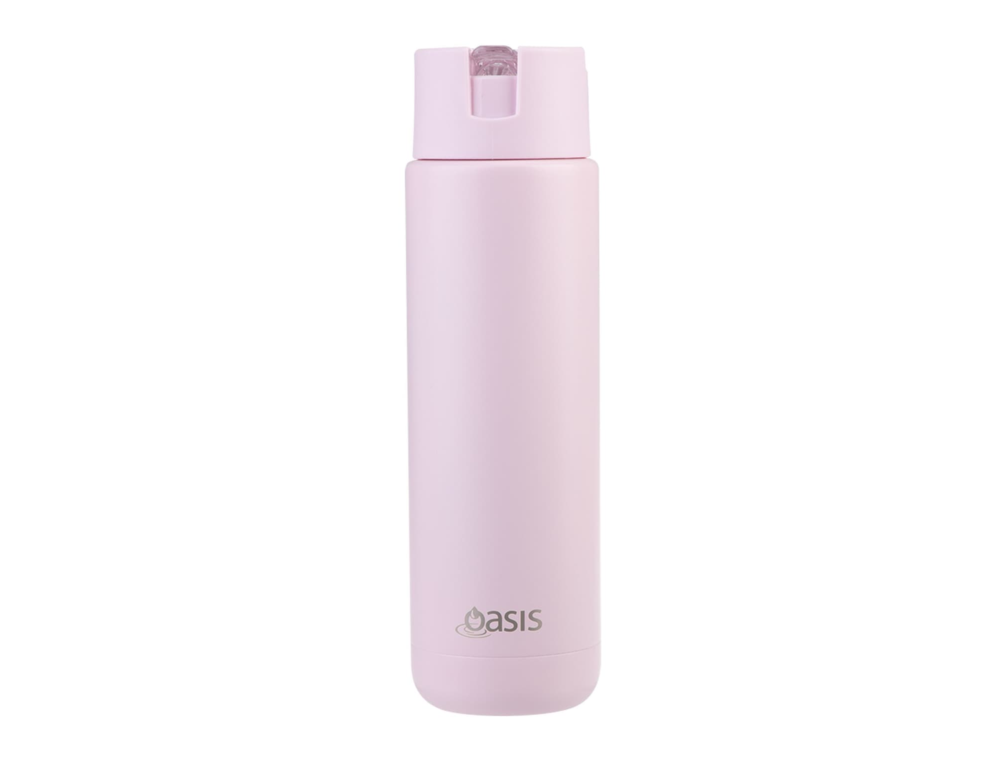 A drink bottle in a soft pink colour with a sleek design and a logo on the front.