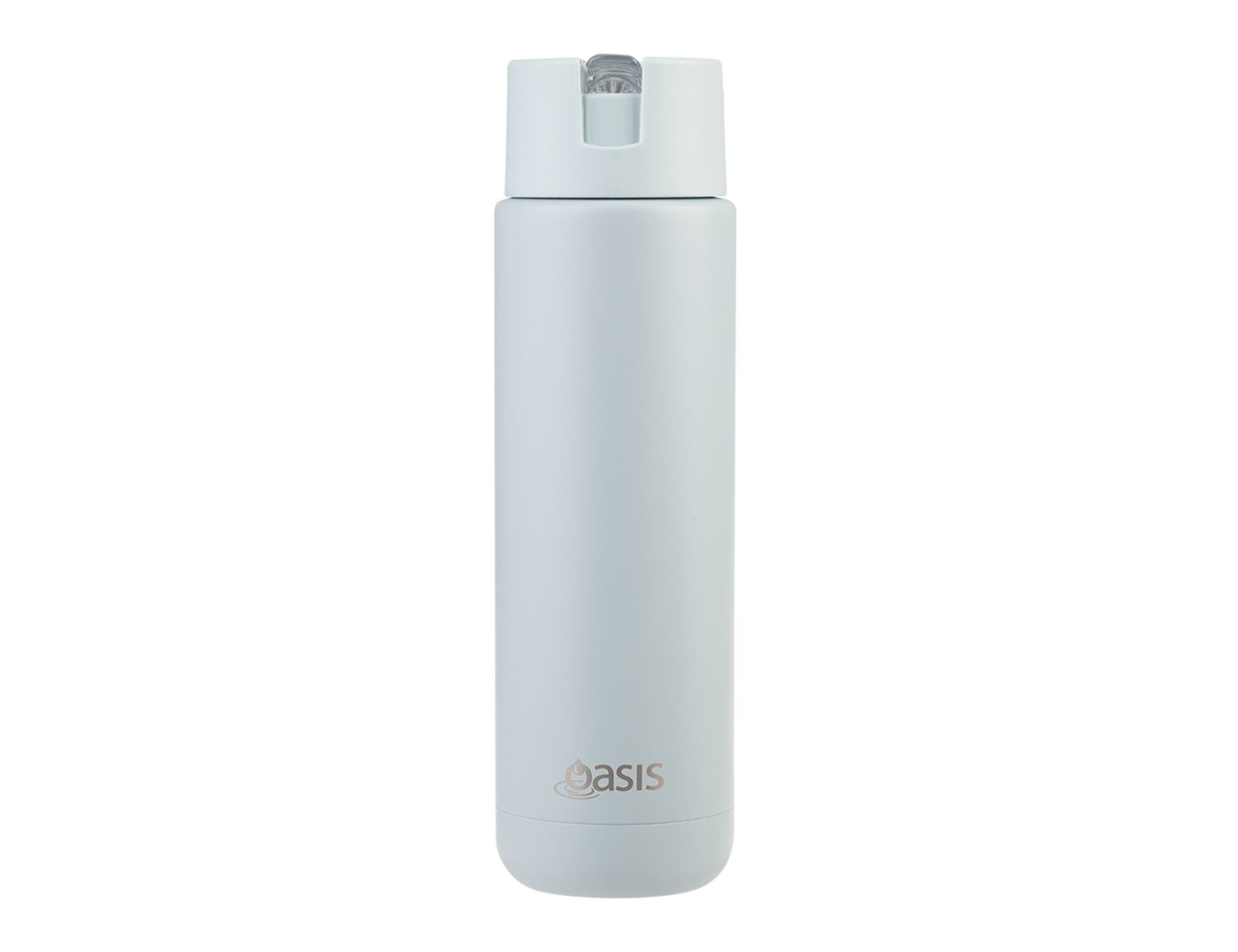 A drink bottle in soft grey with a sleek design and a logo, featuring a screw-top lid.