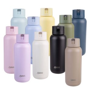 A drink bottle collection featuring various colours, including pastel blue, yellow, green, pink, white, black, and beige. Each has a logo.