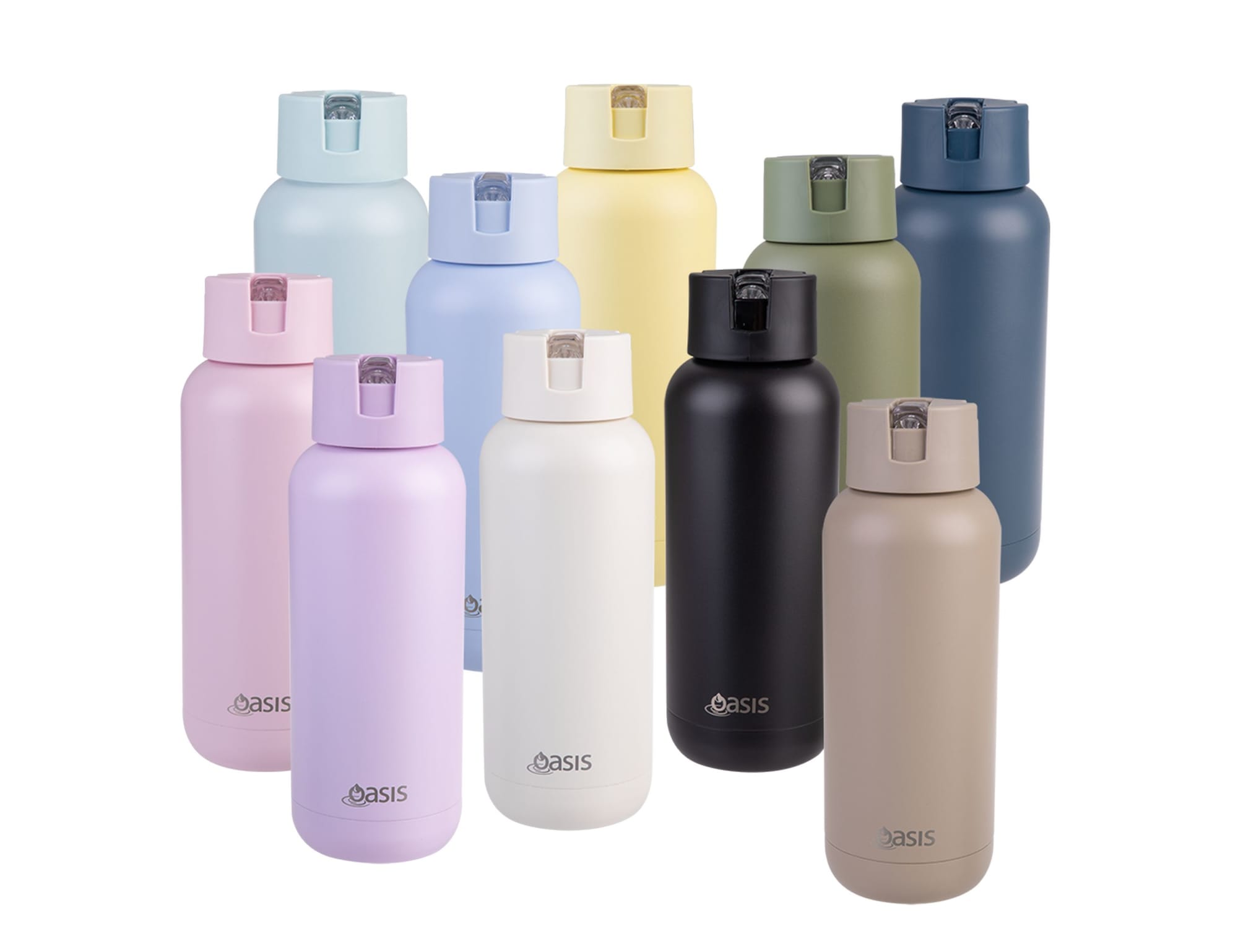 A drink bottle collection featuring various colours, including pastel blue, yellow, green, pink, white, black, and beige. Each has a logo.