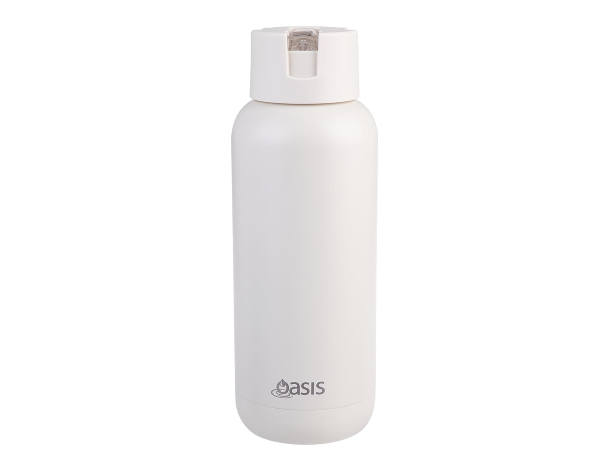 A drink bottle in a sleek white design, featuring a lid and a logo on the front.