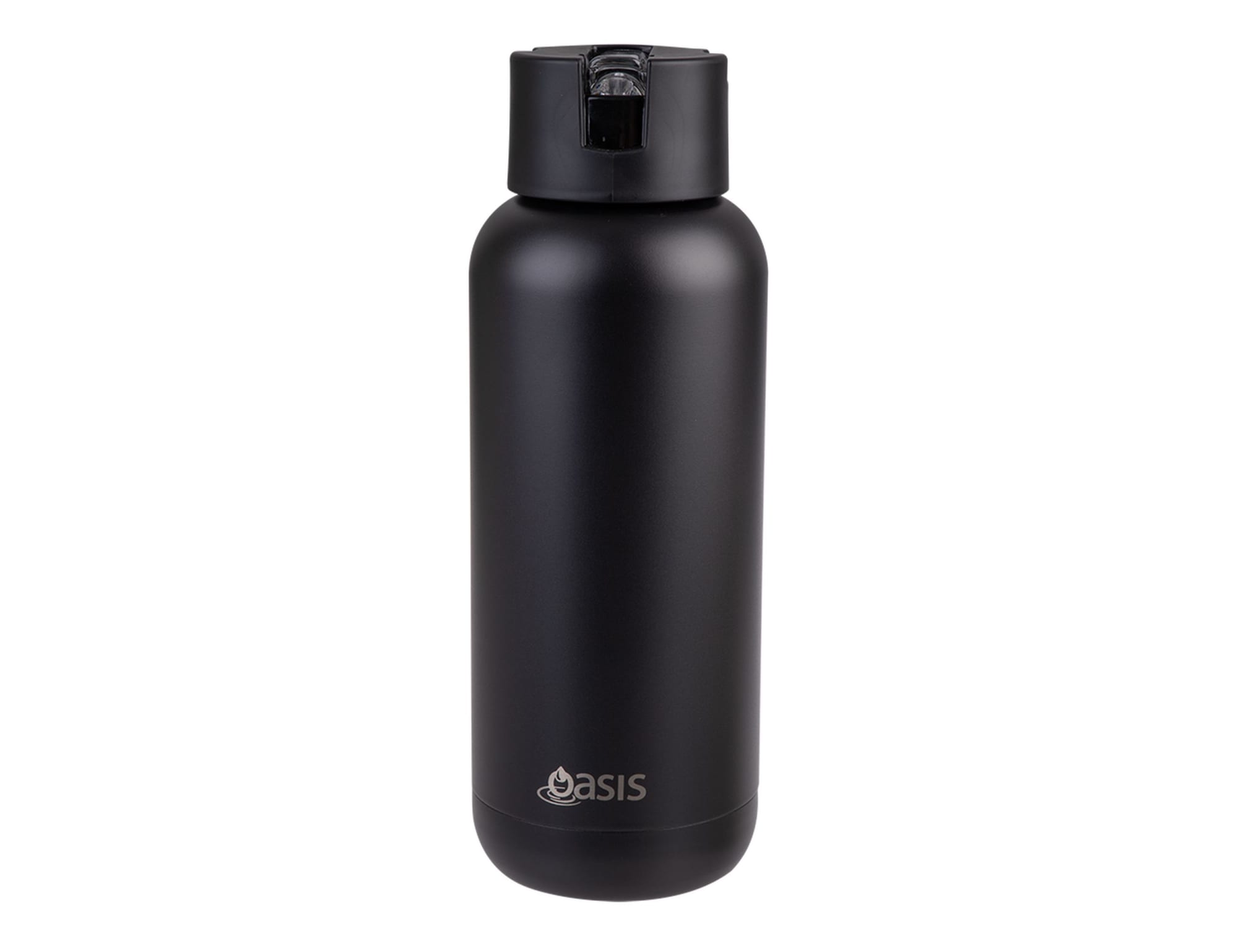 A drink bottle in matte black finish with a black lid and a logo on the front.