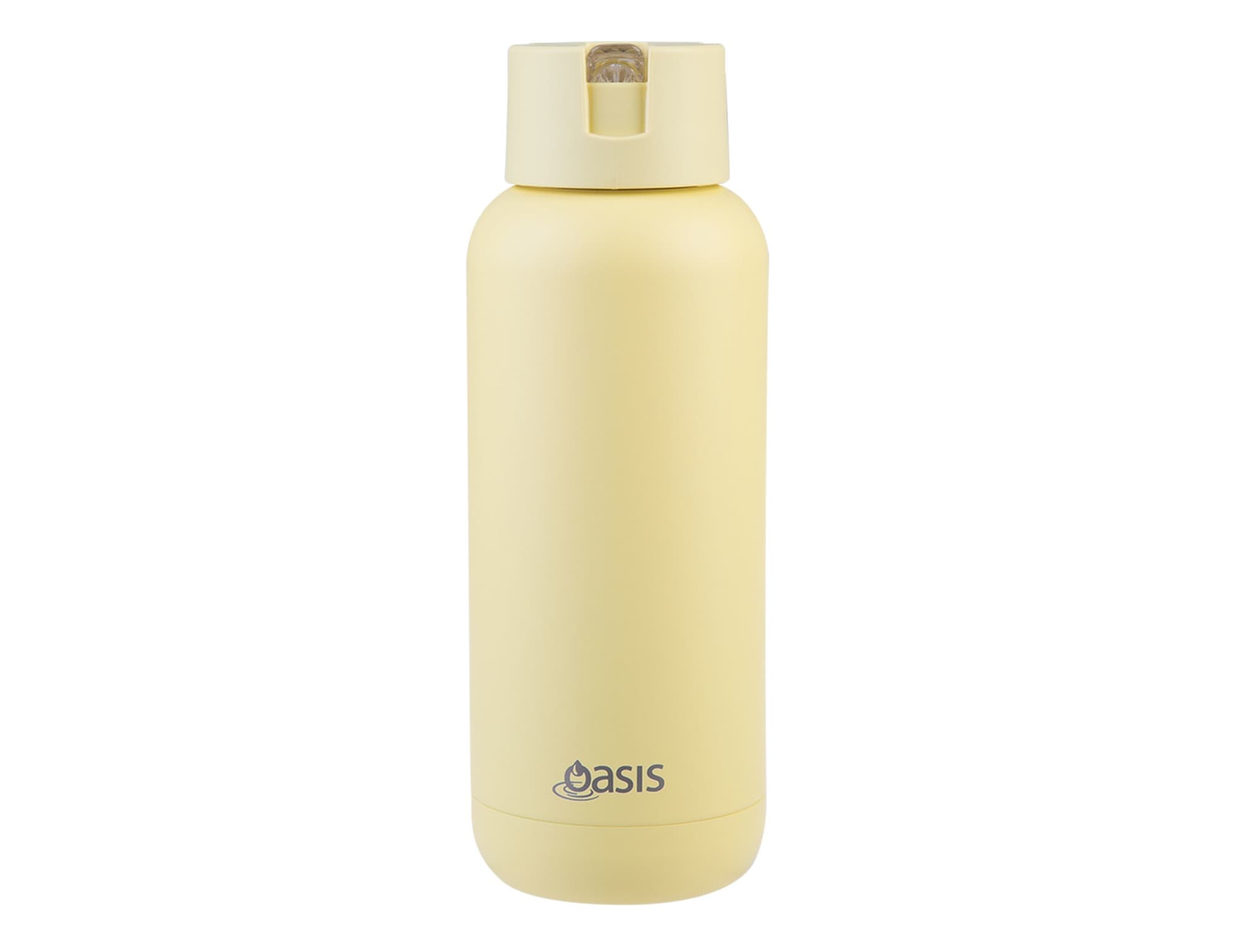 A drink bottle in soft yellow with a screw top and a logo on the front.