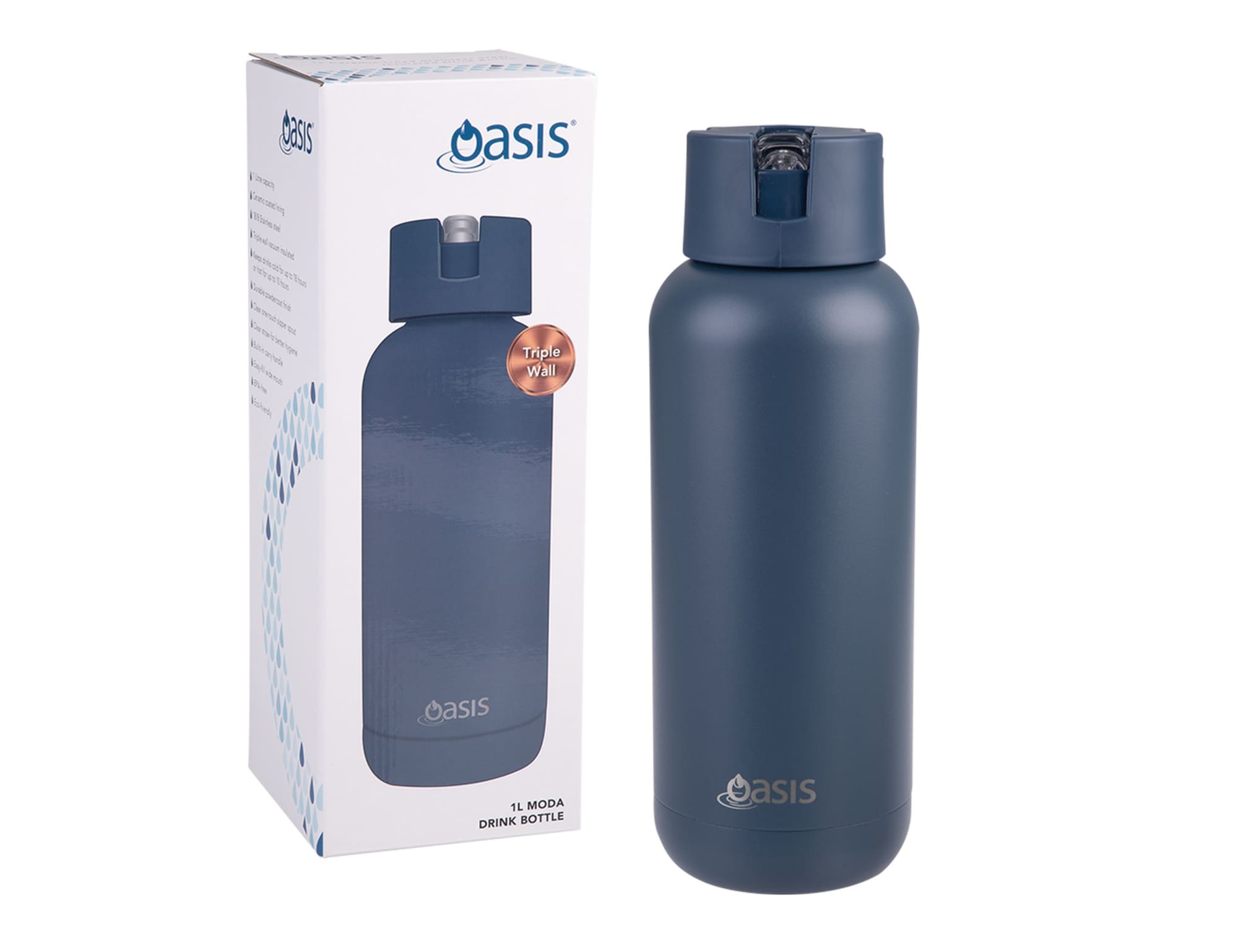 A drink bottle with a sleek dark blue design, featuring a lid and a logo. Packaged in a box.