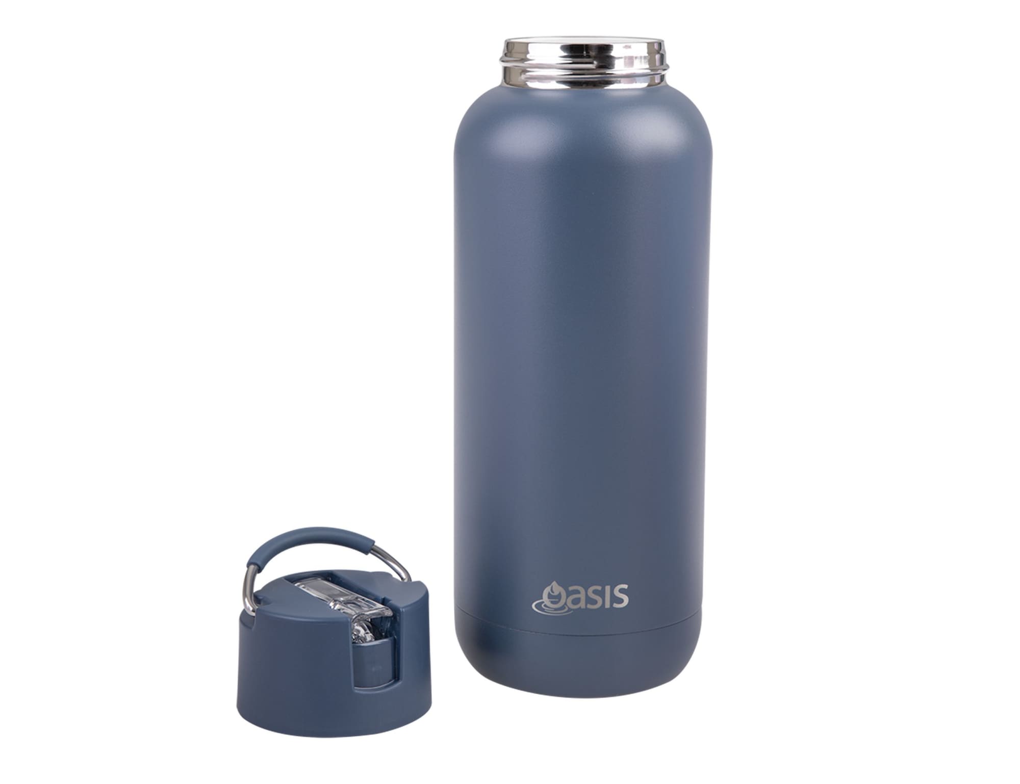 A drink bottle in matte dark blue with a silver lid, accompanied by a matching cup and lid. It features a logo.