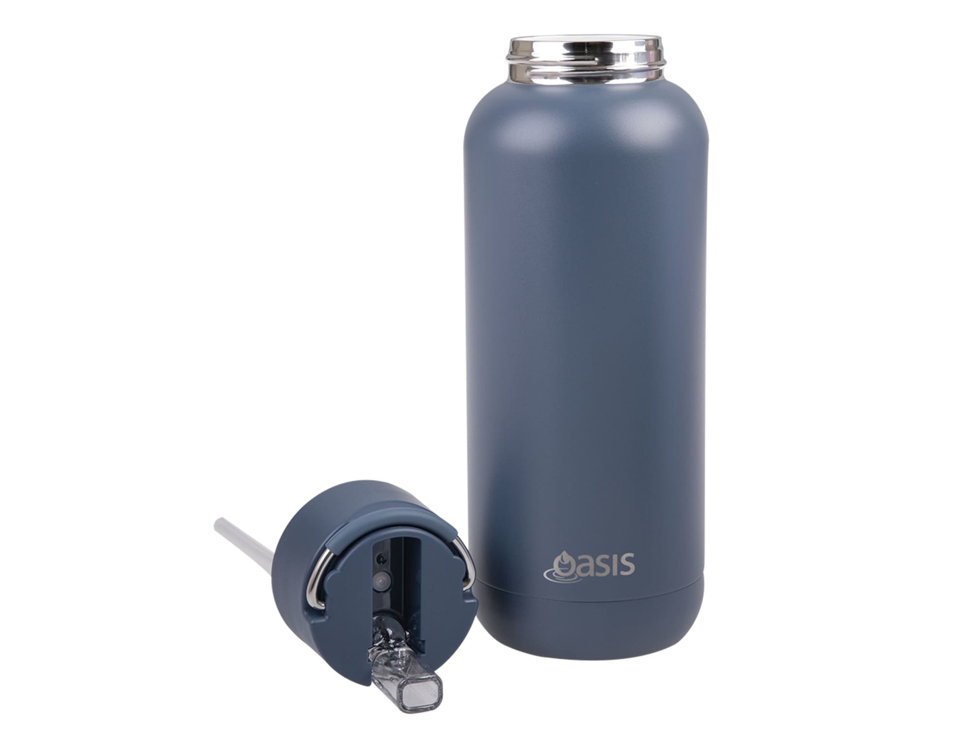 A drink bottle in matte navy blue, featuring a stainless steel lid and a removable straw. It has a logo.