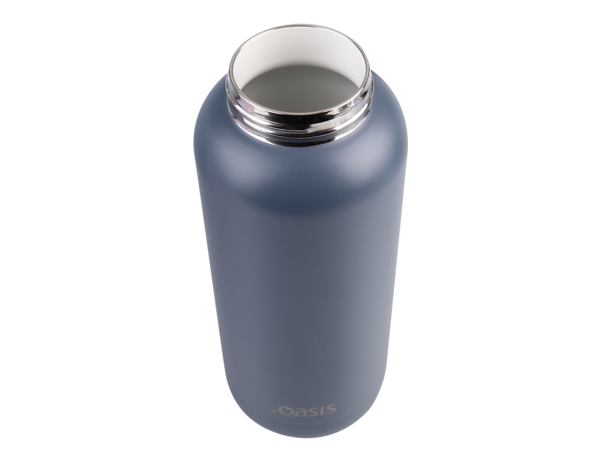 A drink bottle with a matte navy blue finish, featuring a stainless steel top and an engraved logo.