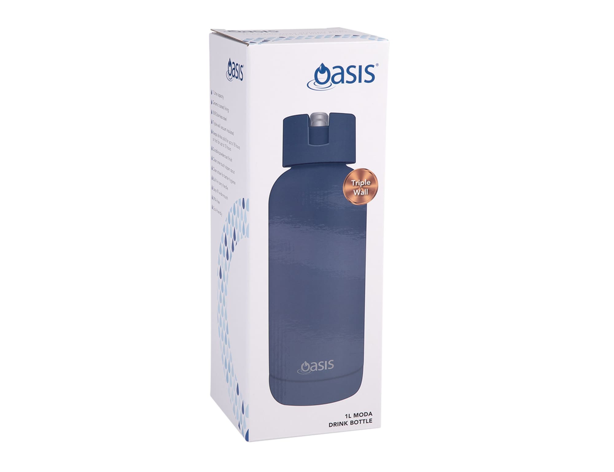 A drink bottle in navy blue packaging with a sleek design and a cap. The bottle features a logo on the front.