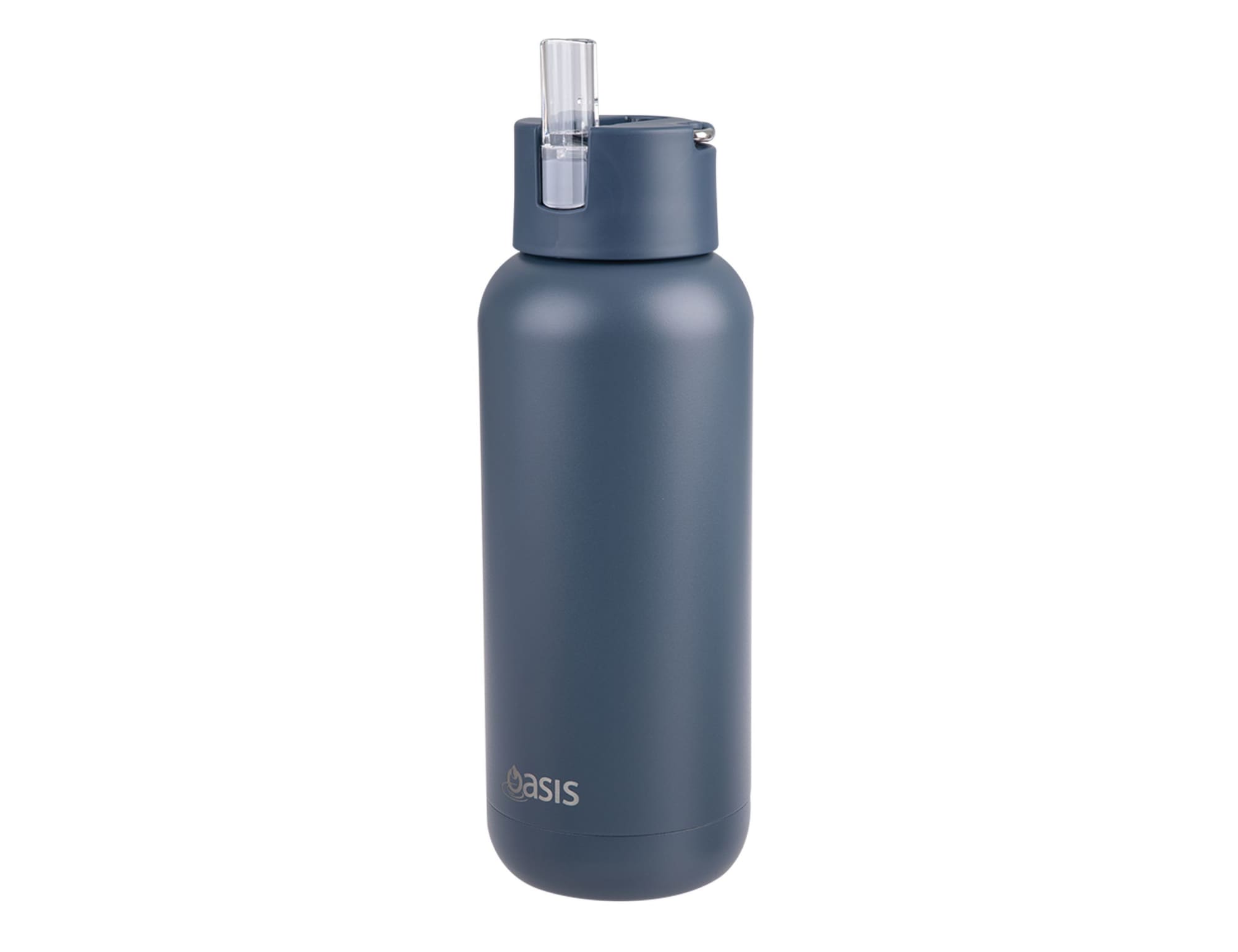 A drink bottle in a matte dark grey colour, featuring a straw lid and a logo.