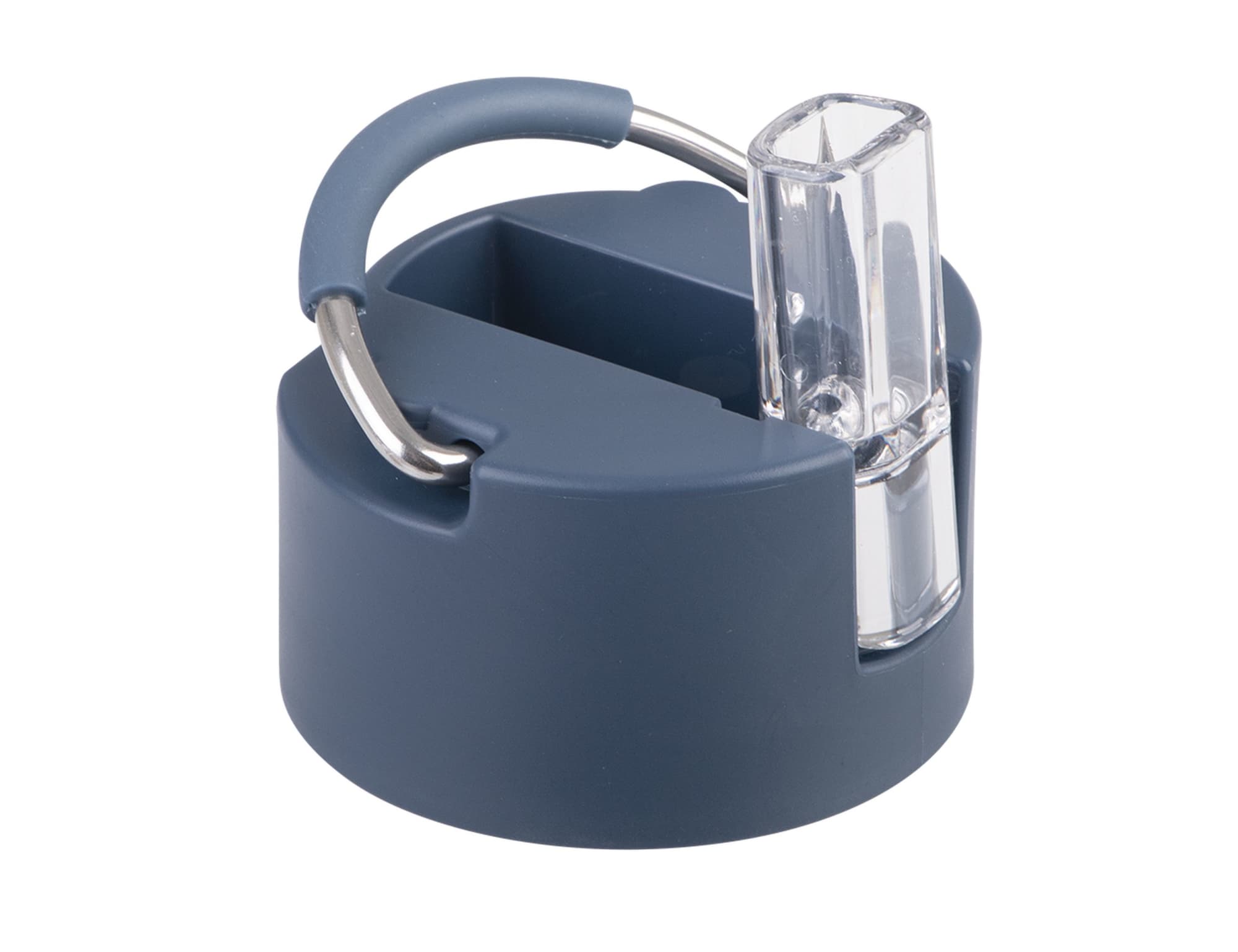 A drink bottle cap in navy blue with a clear spout and a metal loop for attachment. It features a logo.