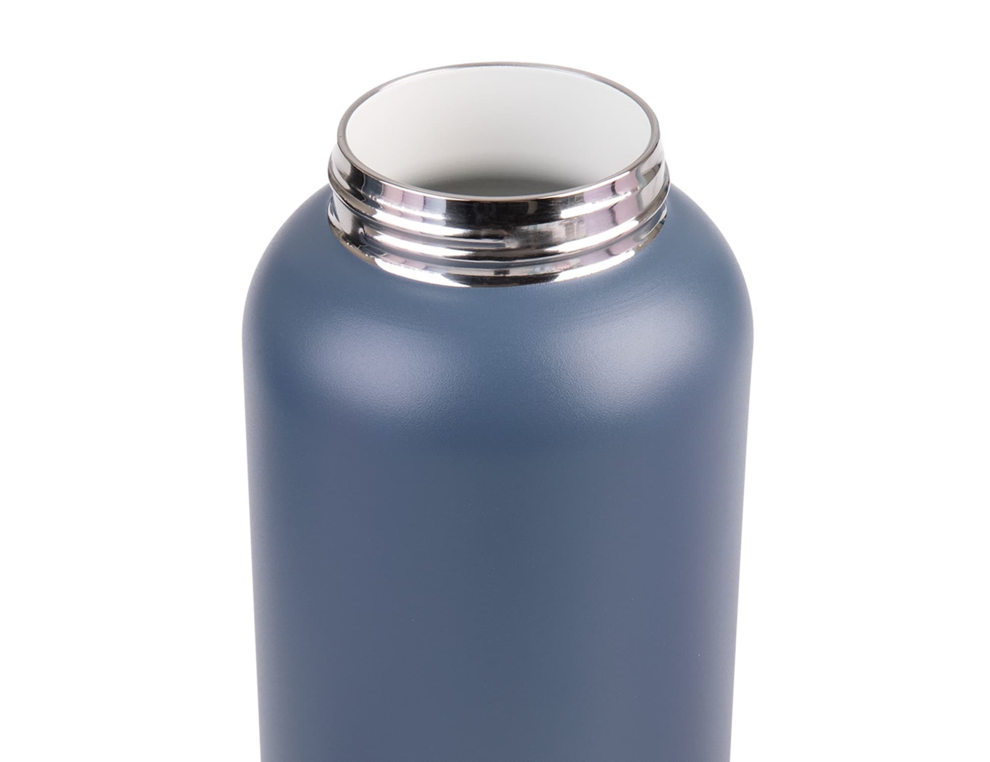 A drink bottle in matte blue, featuring a stainless steel rim and a wide mouth opening. It has a simple logo on the side.