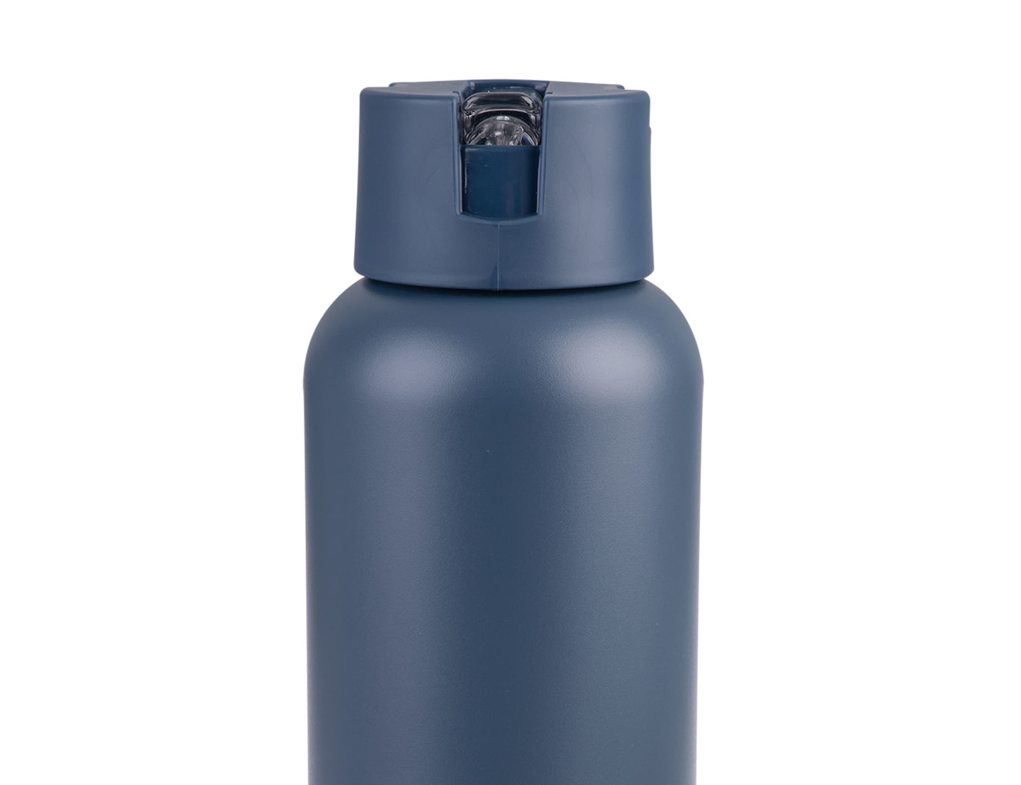 A drink bottle in a matte navy blue finish, featuring a flip-top lid, and includes a logo on the body.