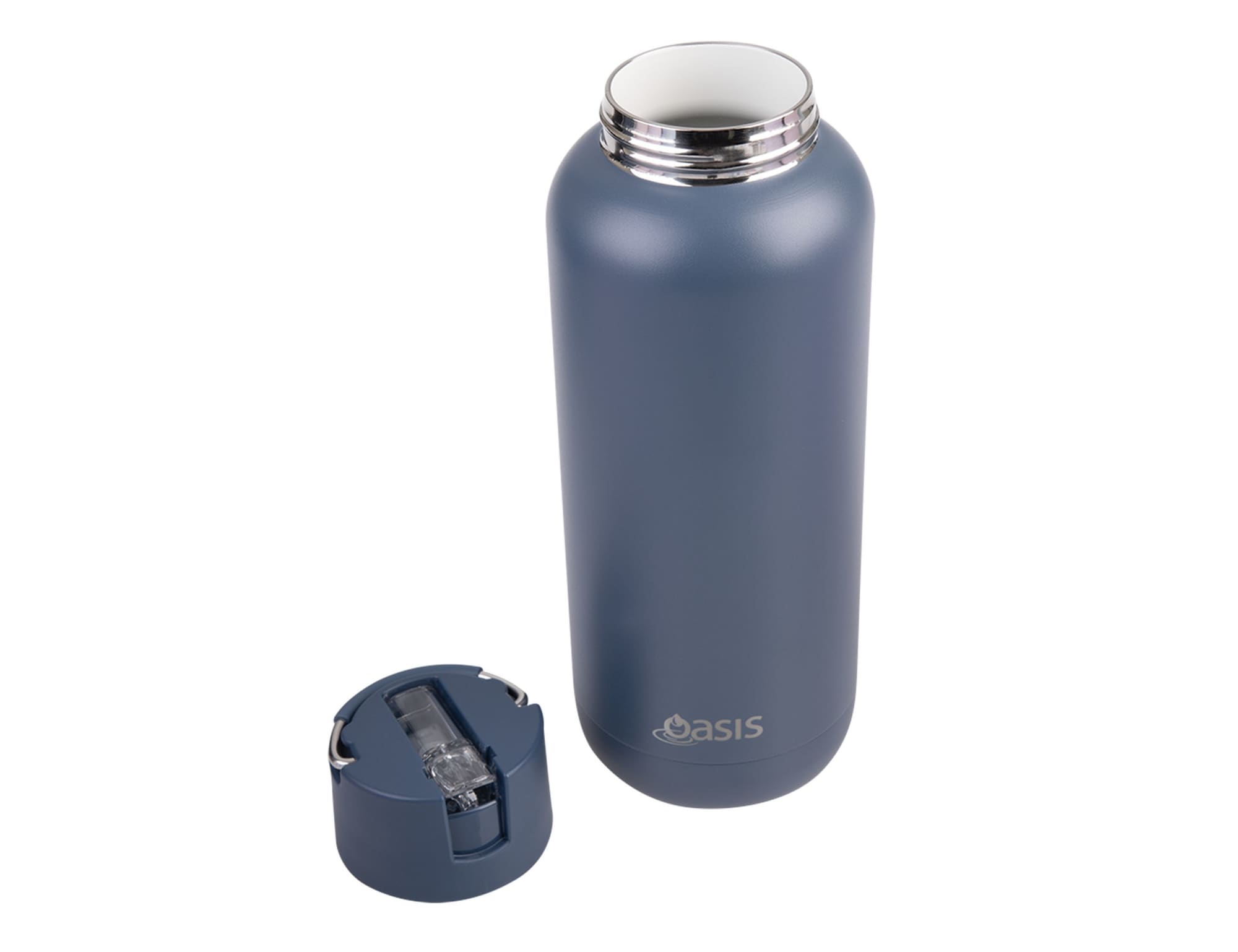A drink bottle in dark blue with a shiny silver rim and a removable black cap. It features a logo.