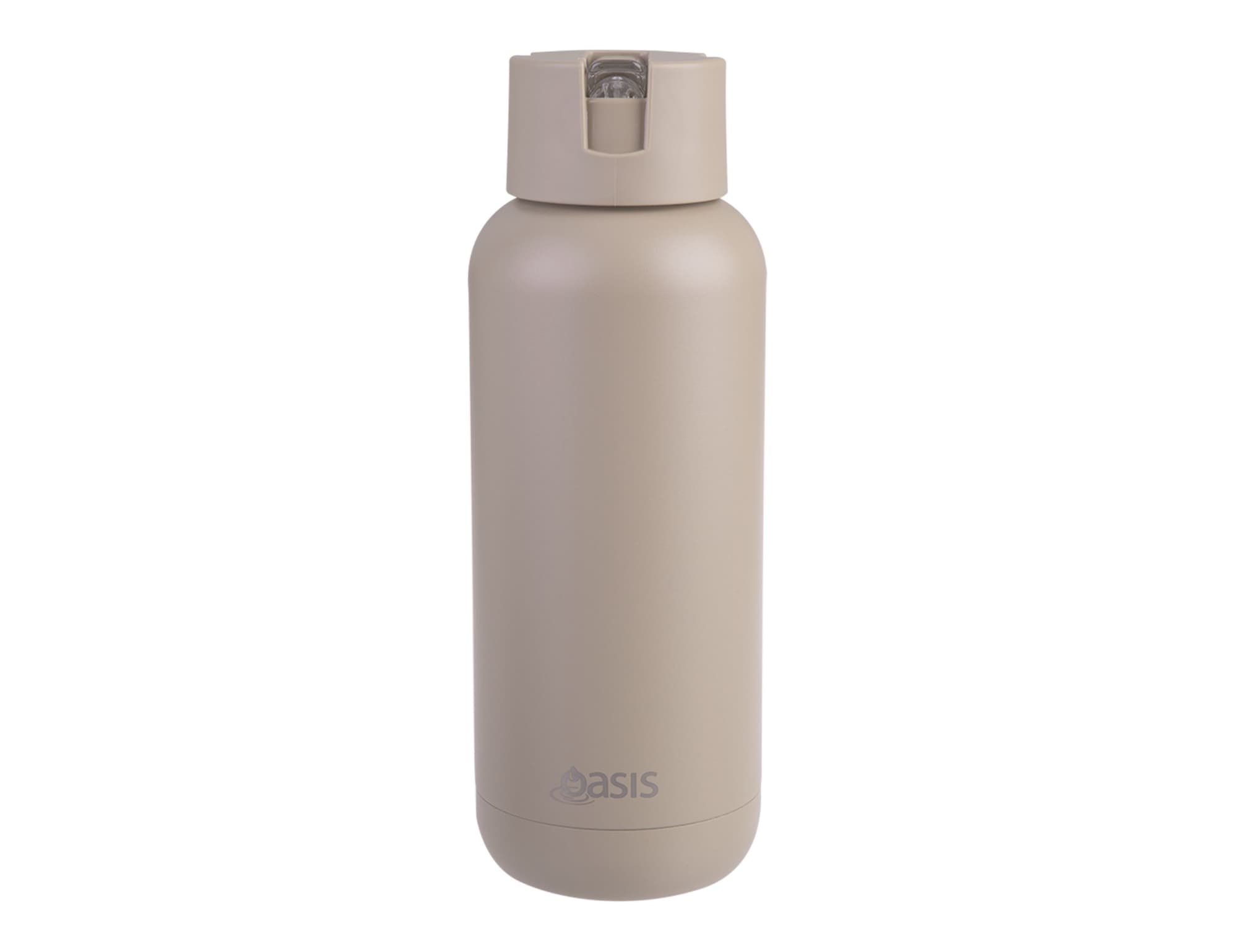 A drink bottle in a light beige colour with a secure flip-top lid and a small spout, featuring a logo.