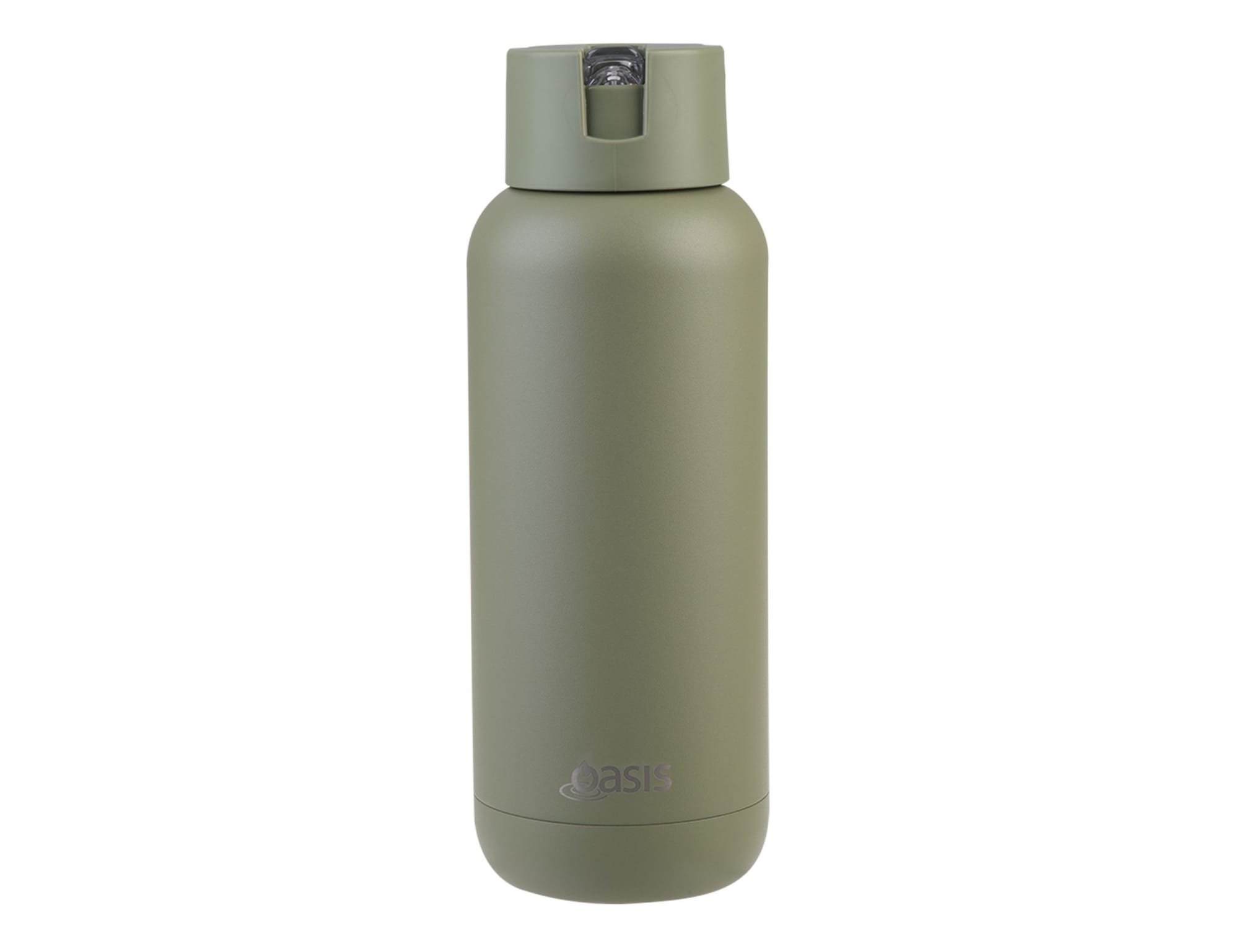 A drink bottle in matte olive green with a screw-top lid and a logo on the front.