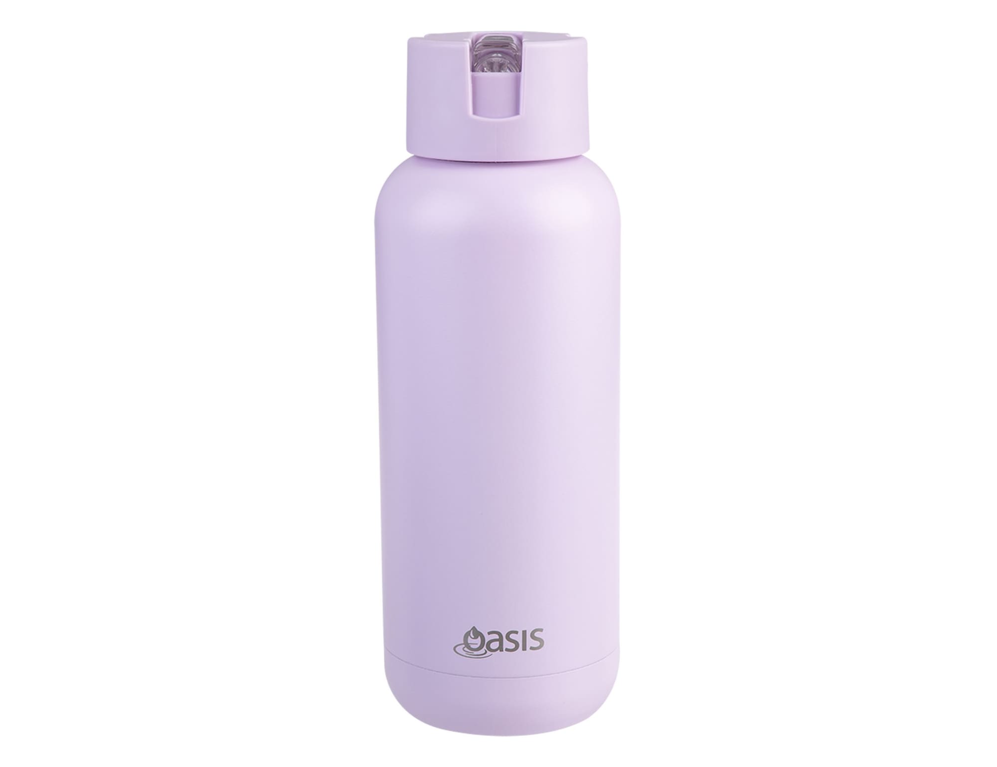 A drink bottle in a pastel purple hue with a screw-top lid and a small logo on the front.